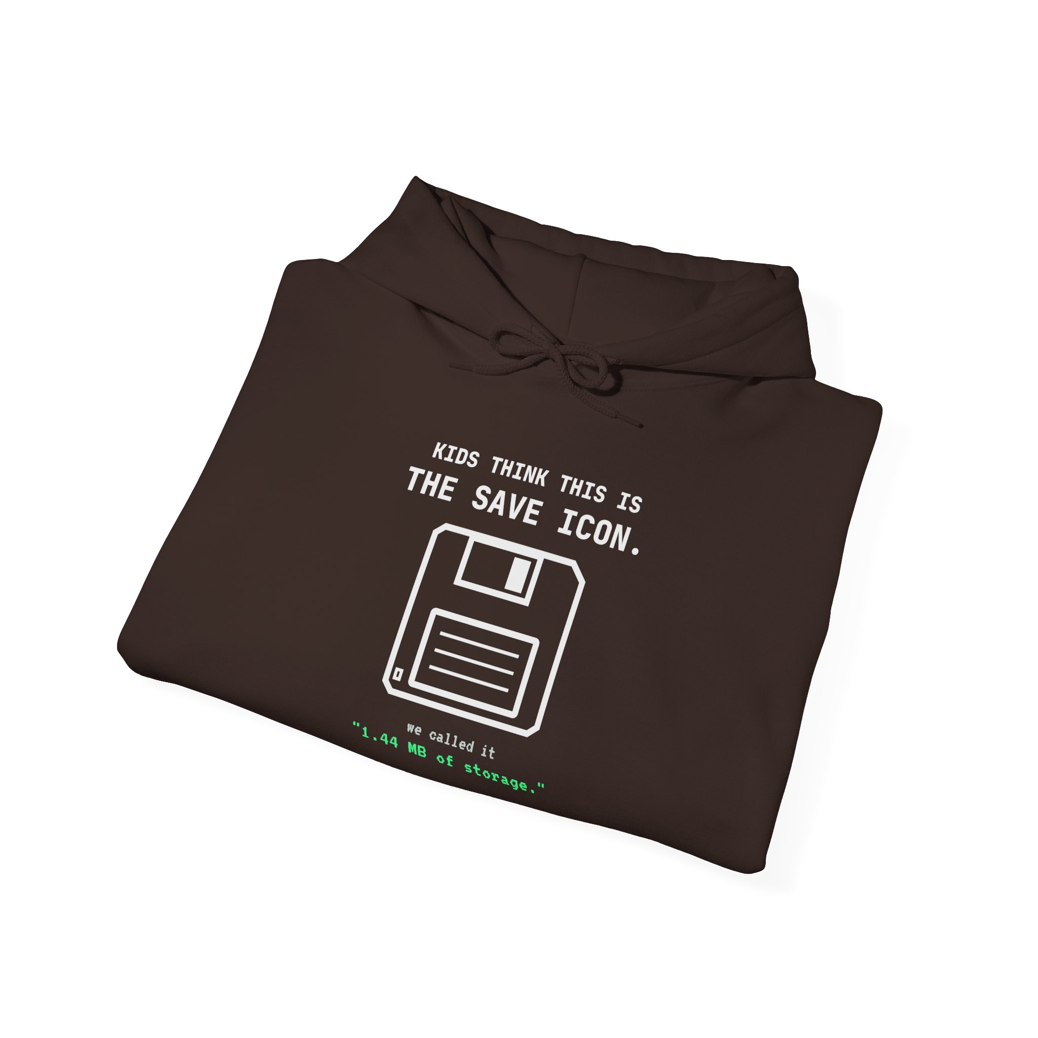 The Original Save Icon hoodie in Dark Chocolate, folded