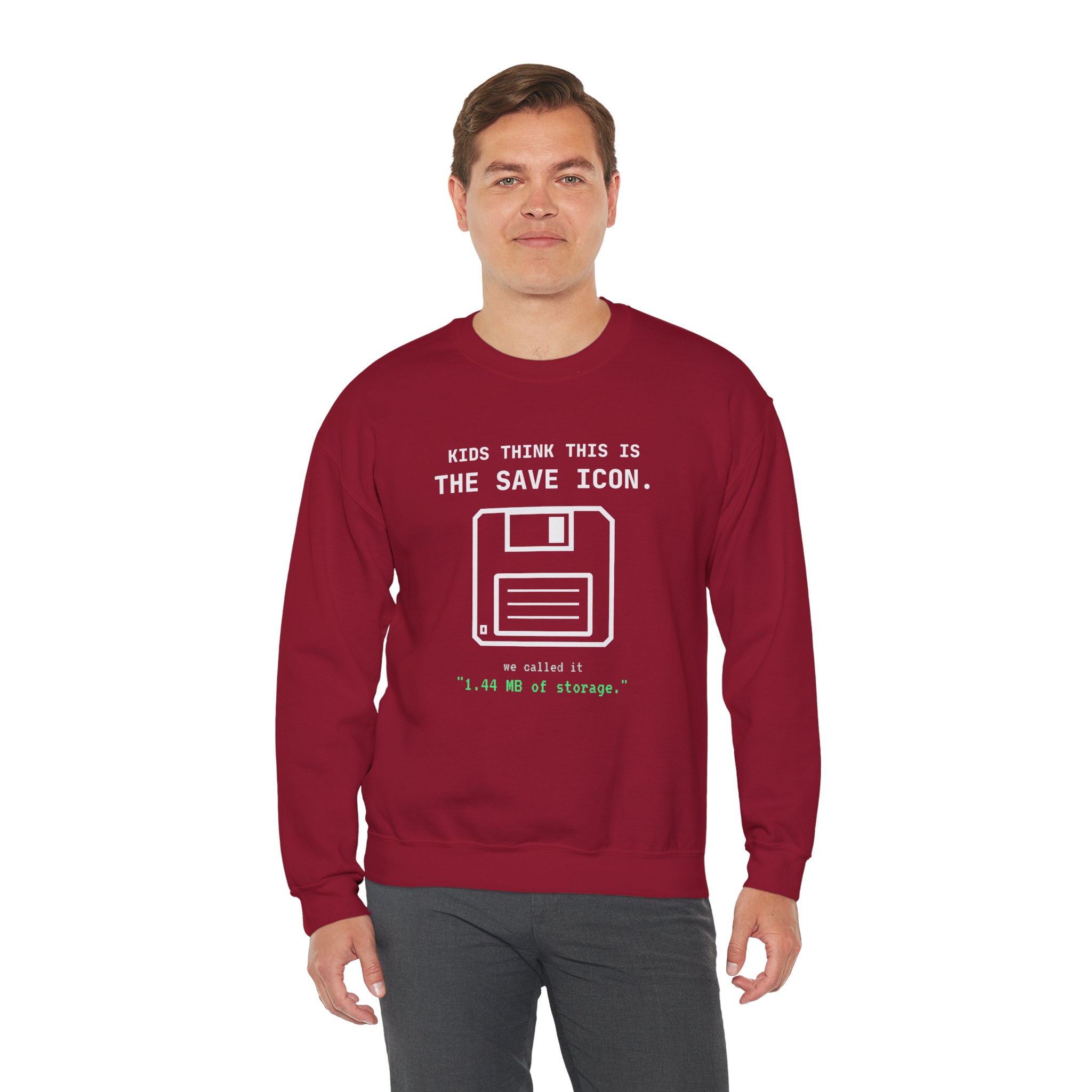 The Original Save Icon crewneck sweatshirt in Cardinal Red, worn by a model, third view