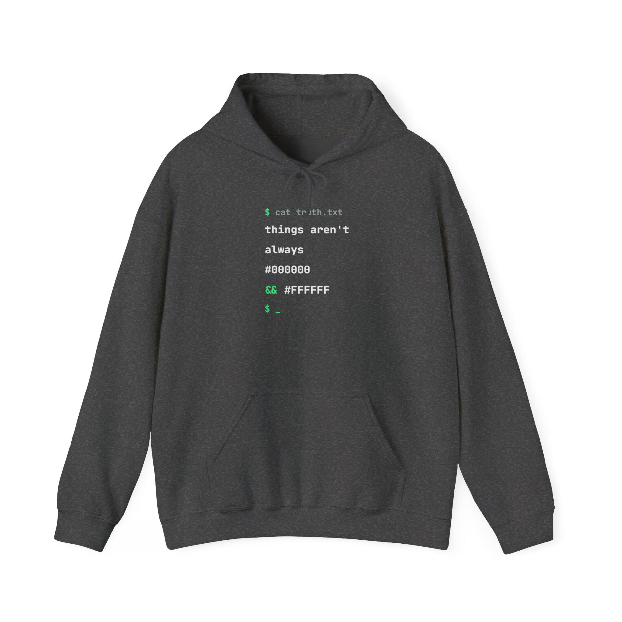 cat truth.txt hoodie in Dark Heather, front view