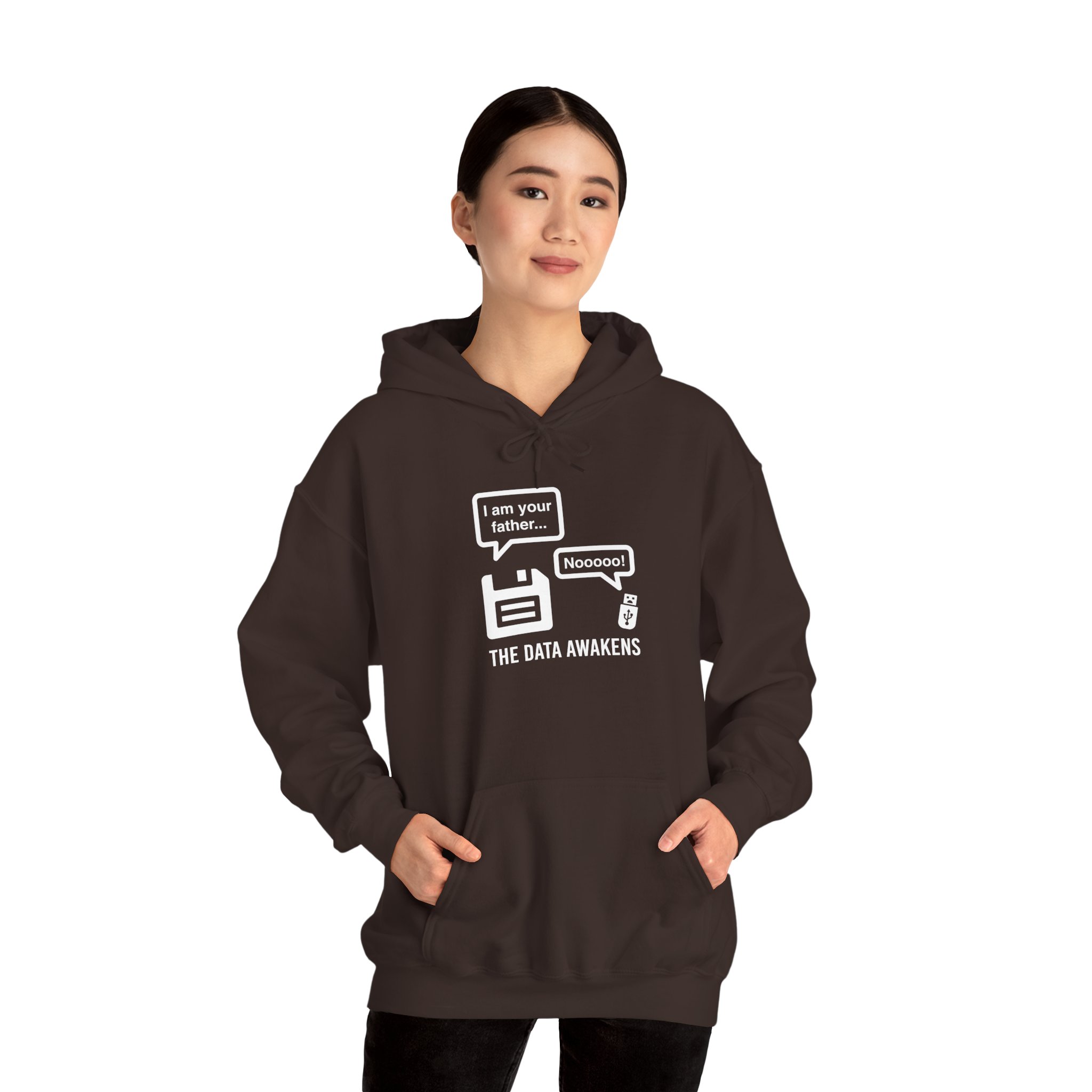 The Data Awakens hoodie in Dark Chocolate, worn by a model