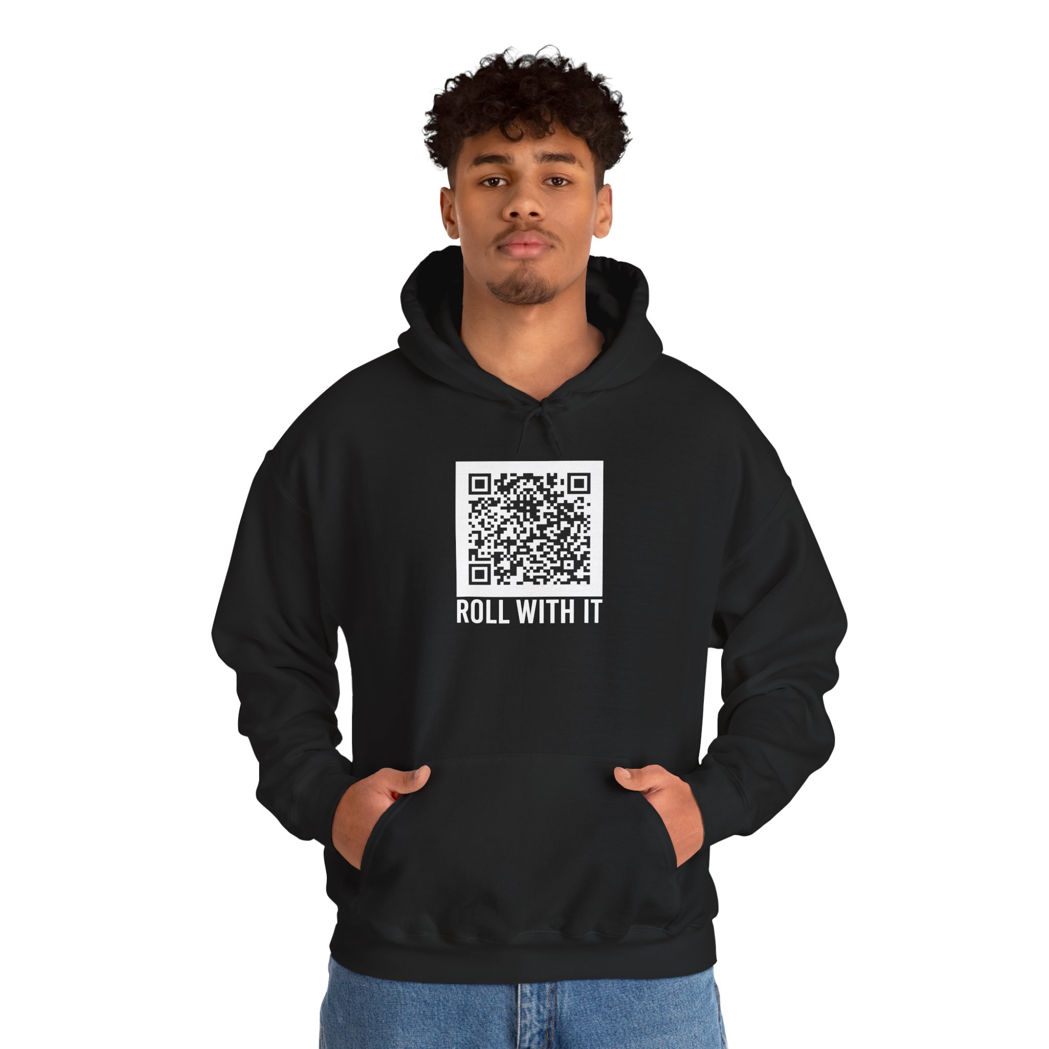 Roll With It QR Code hoodie in Black, worn by a model, second view