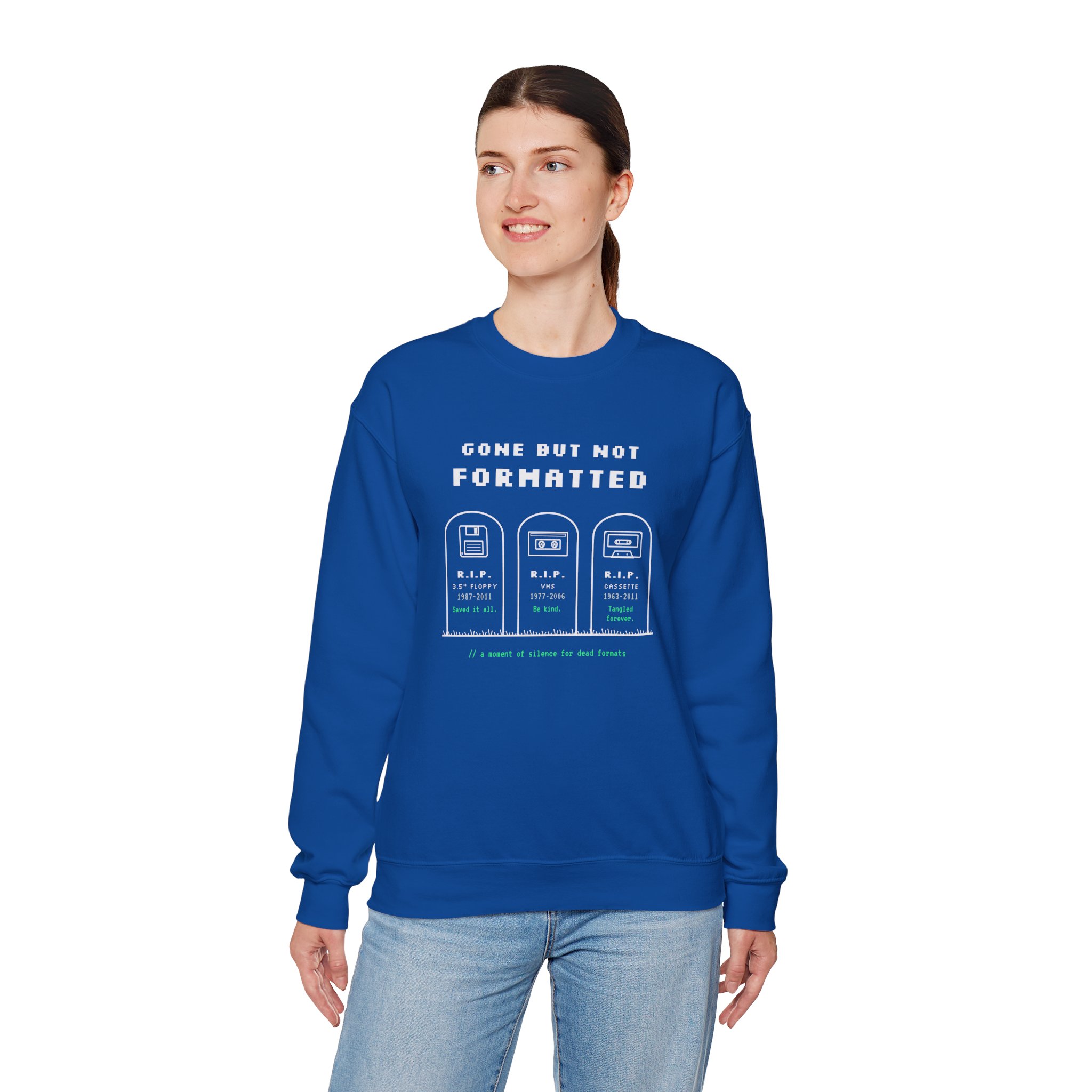 Gone But Not Formatted crewneck sweatshirt in Royal, worn by a model, fourth view