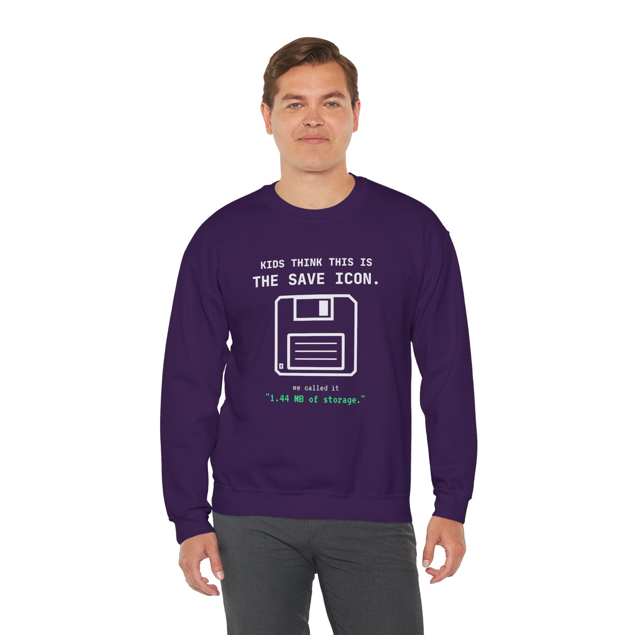 The Original Save Icon crewneck sweatshirt in Purple, worn by a model, third view