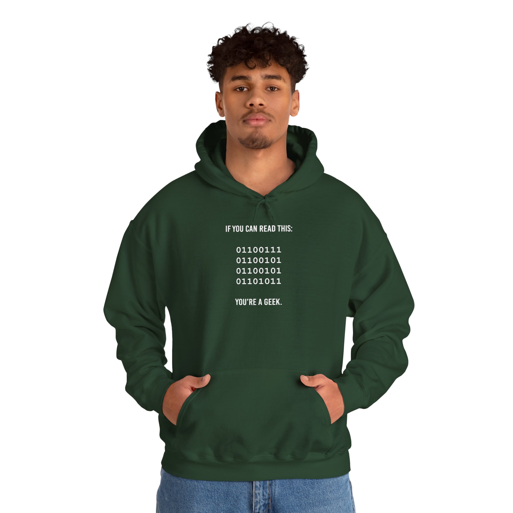 Geek Binary Code hoodie in Forest Green, worn by a model, second view