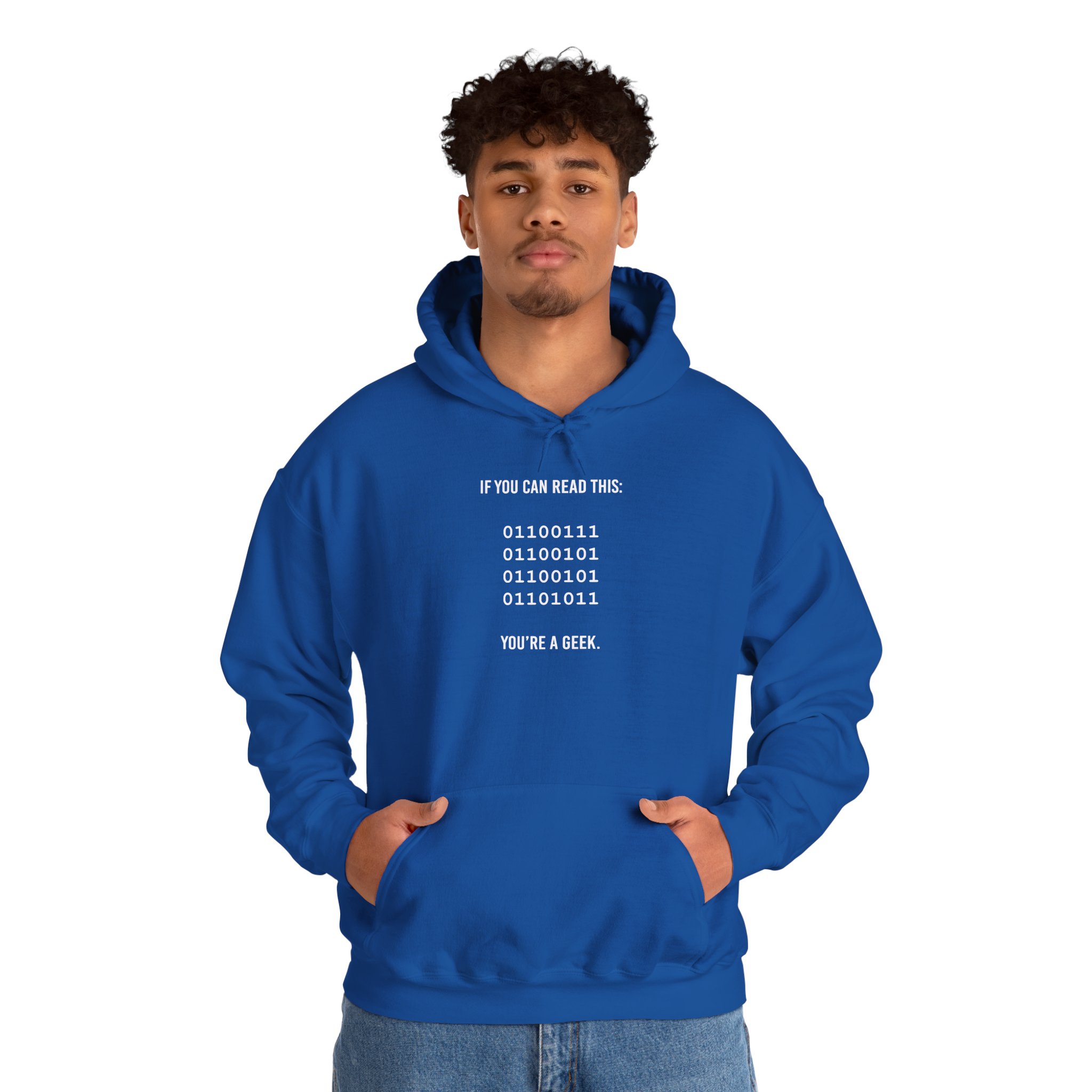 Geek Binary Code hoodie in Royal, worn by a model, second view