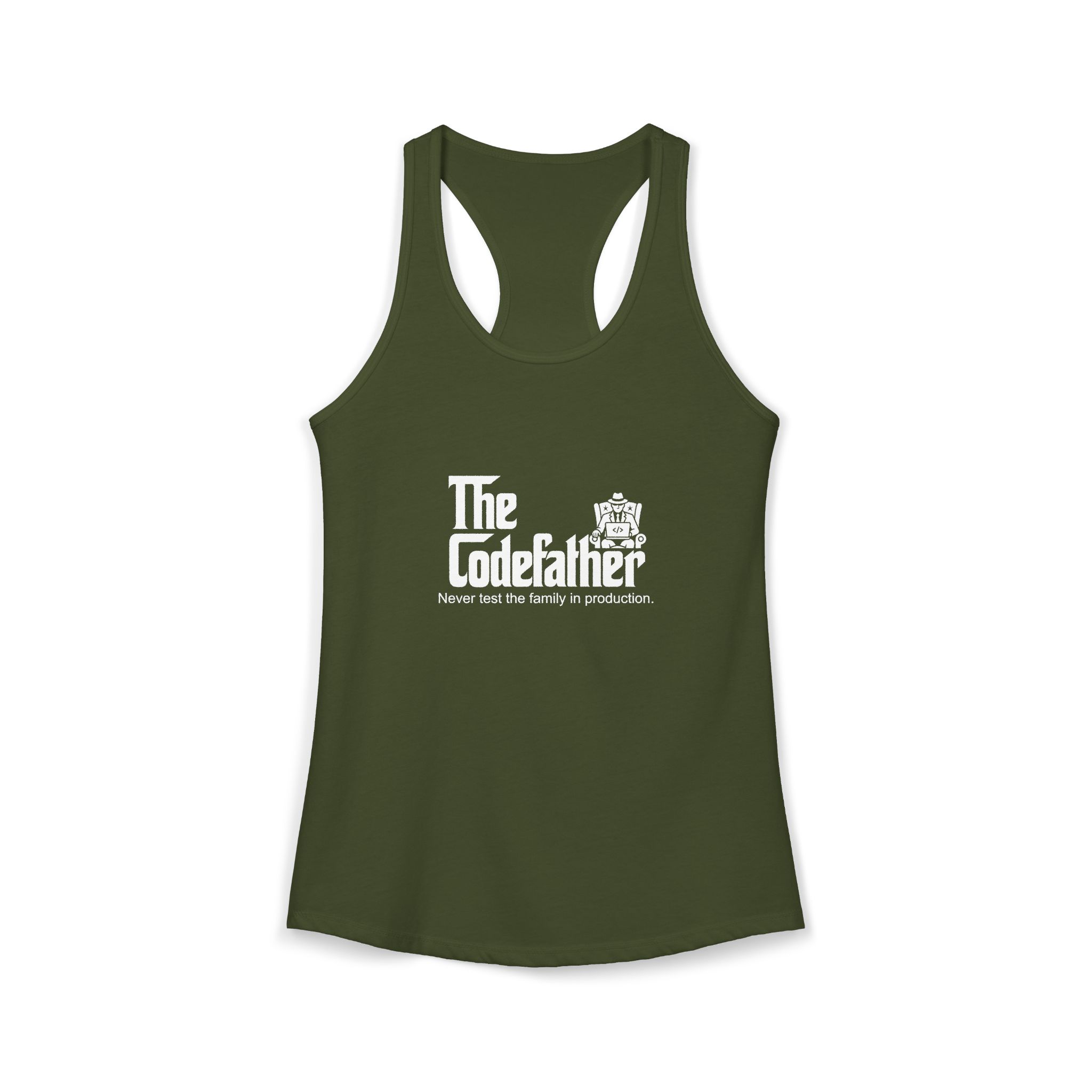 The Codefather women's racerback tank in Solid Military Green, front 2