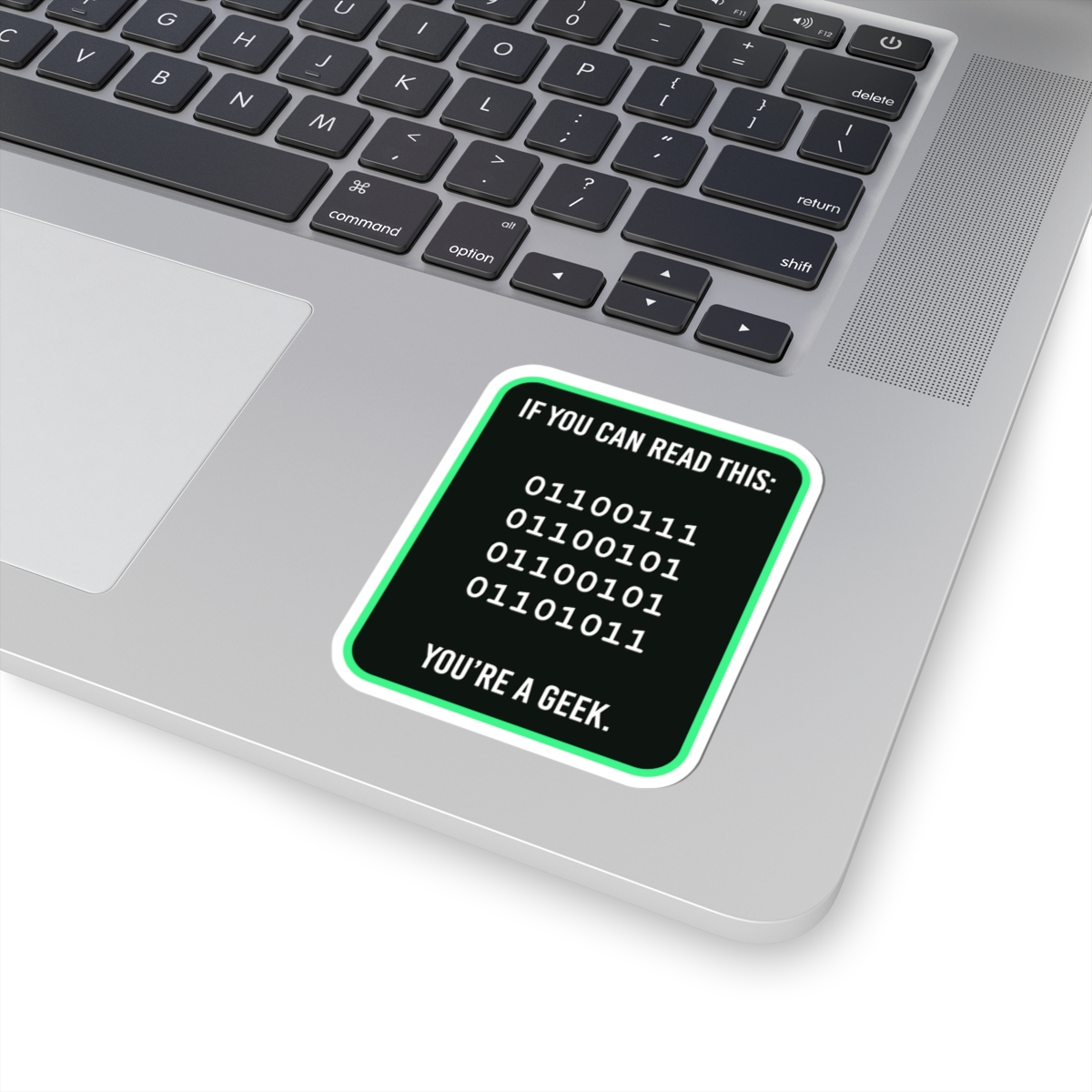 Geek Binary Code sticker, 3 inch, on a laptop