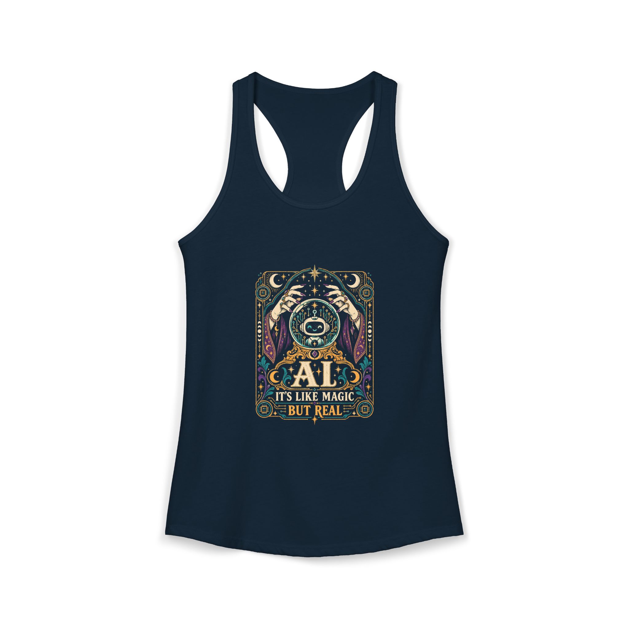 AI Magic Crystal Ball women's racerback tank in Solid Midnight Navy, front 2