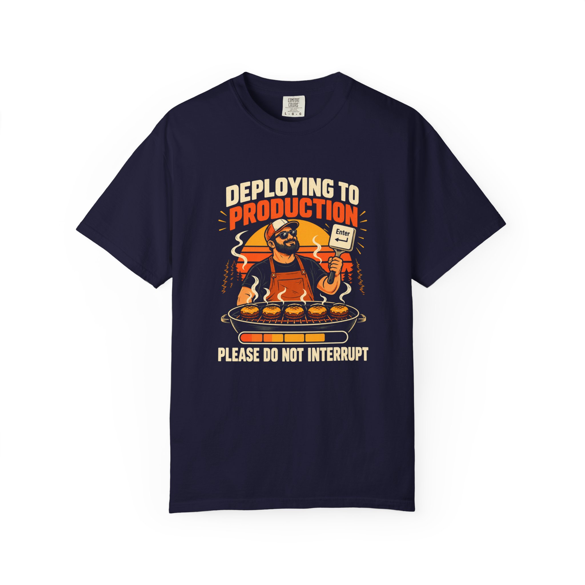 Deploying to Production T-shirt in True Navy, front view