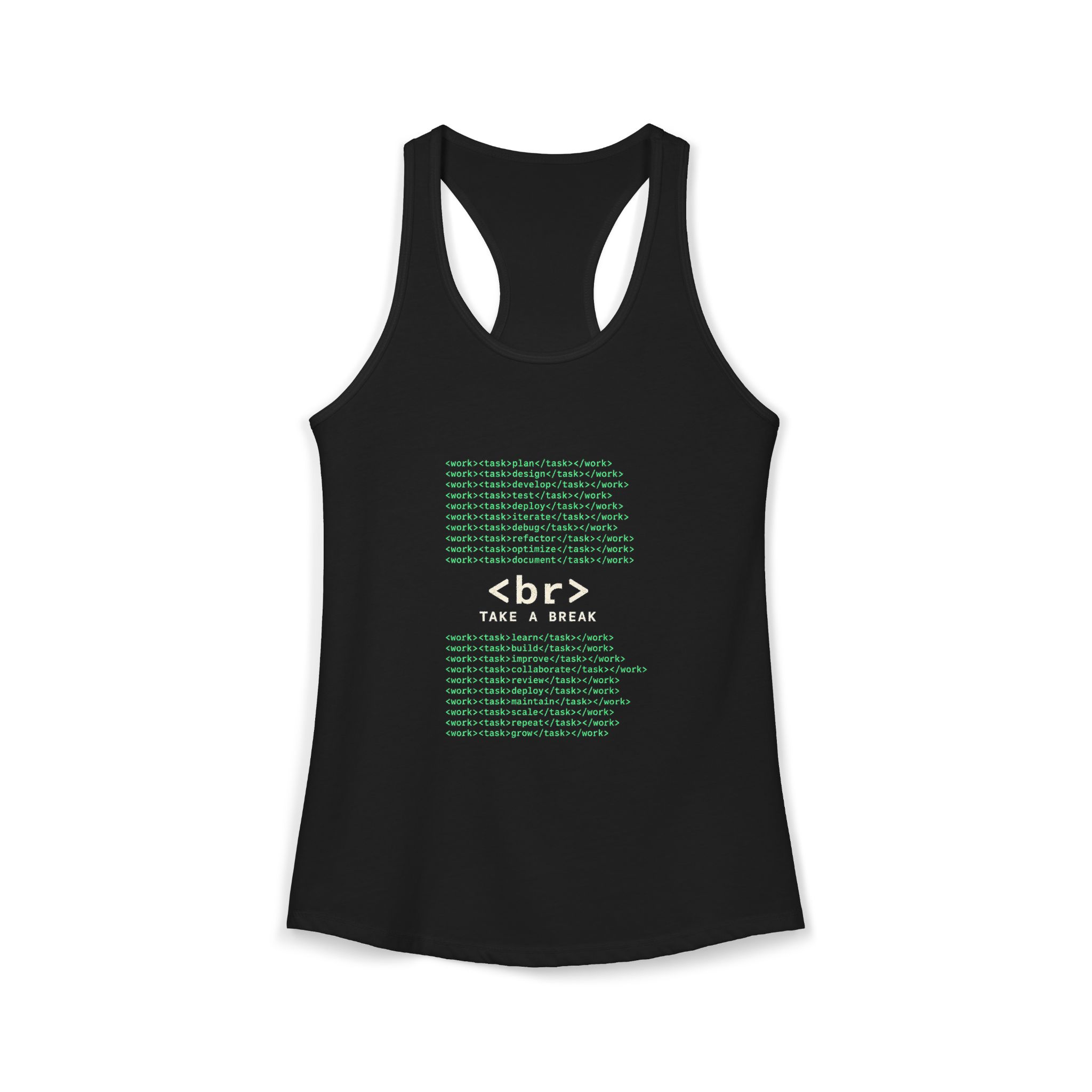 Work Work Break women's racerback tank in Solid Black, front 2