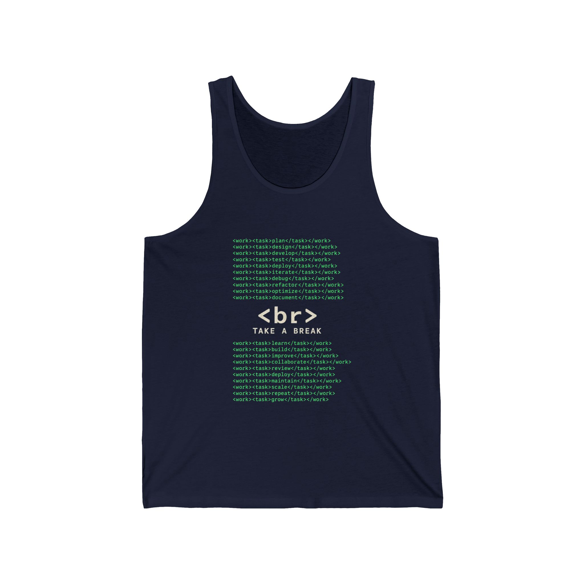 Work Work Break unisex tank in Navy, front view