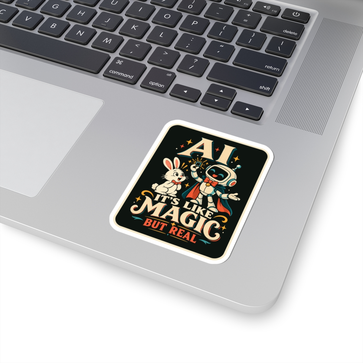 AI Magic Bunny sticker, 3 inch, on a laptop