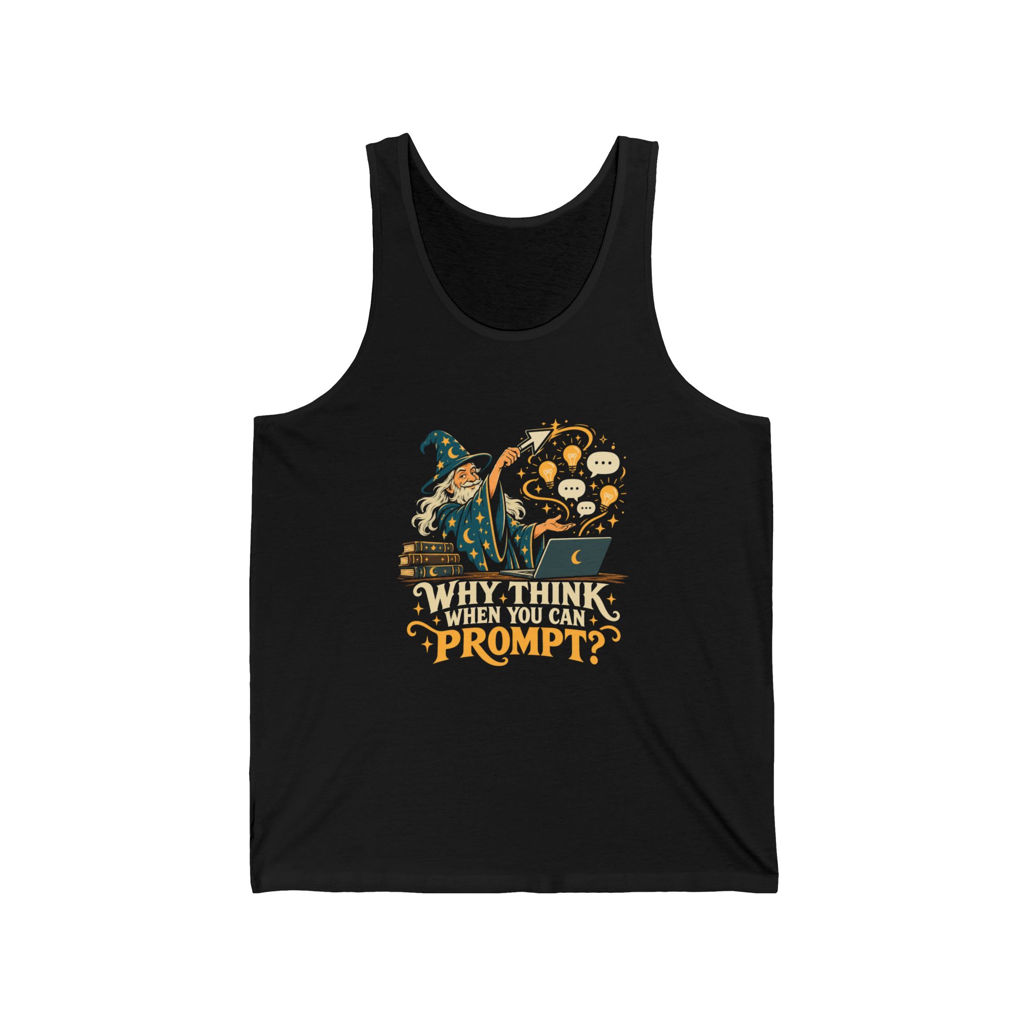 Prompt Wizard unisex tank in Black, front view