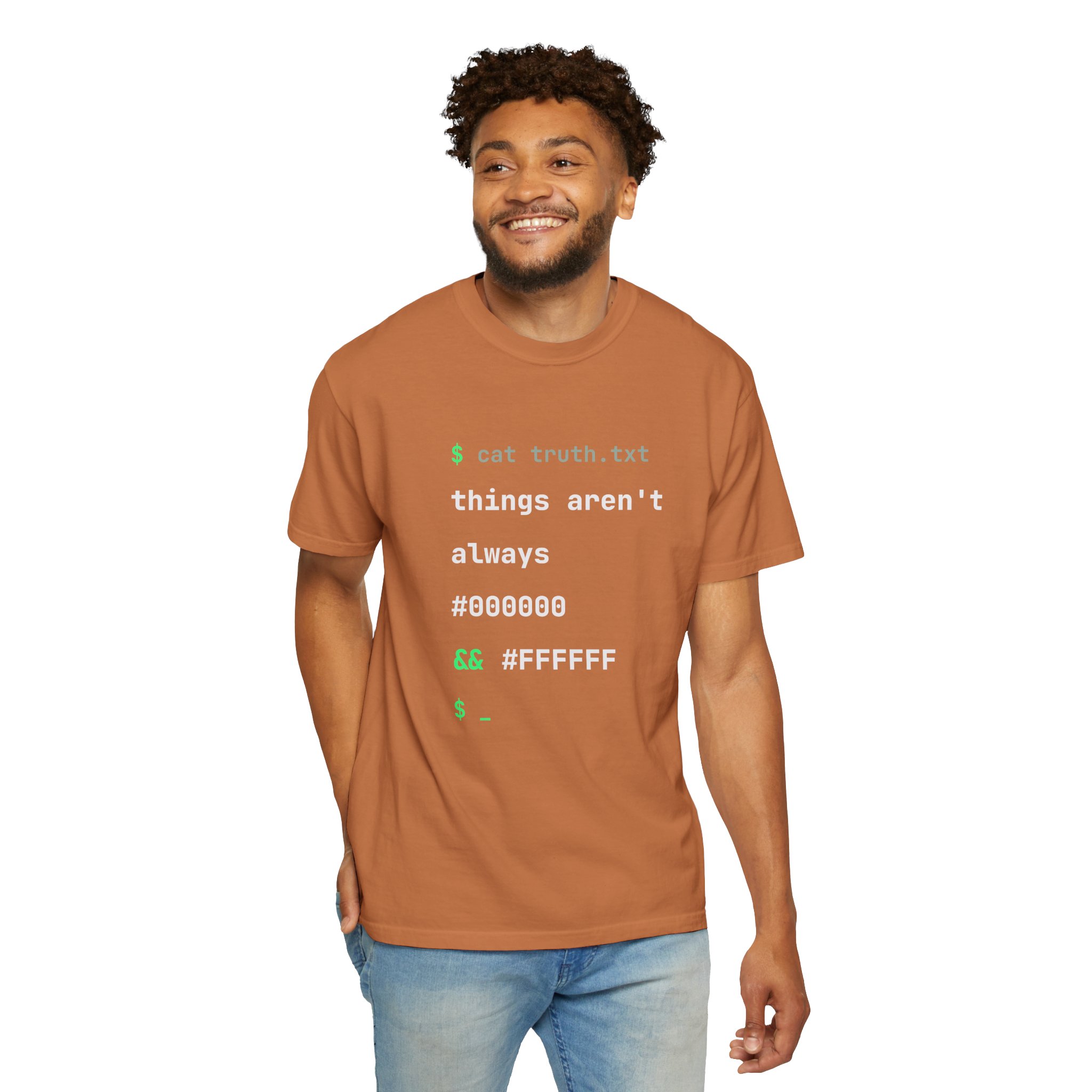 cat truth.txt T-shirt in Yam, worn by a man, second model