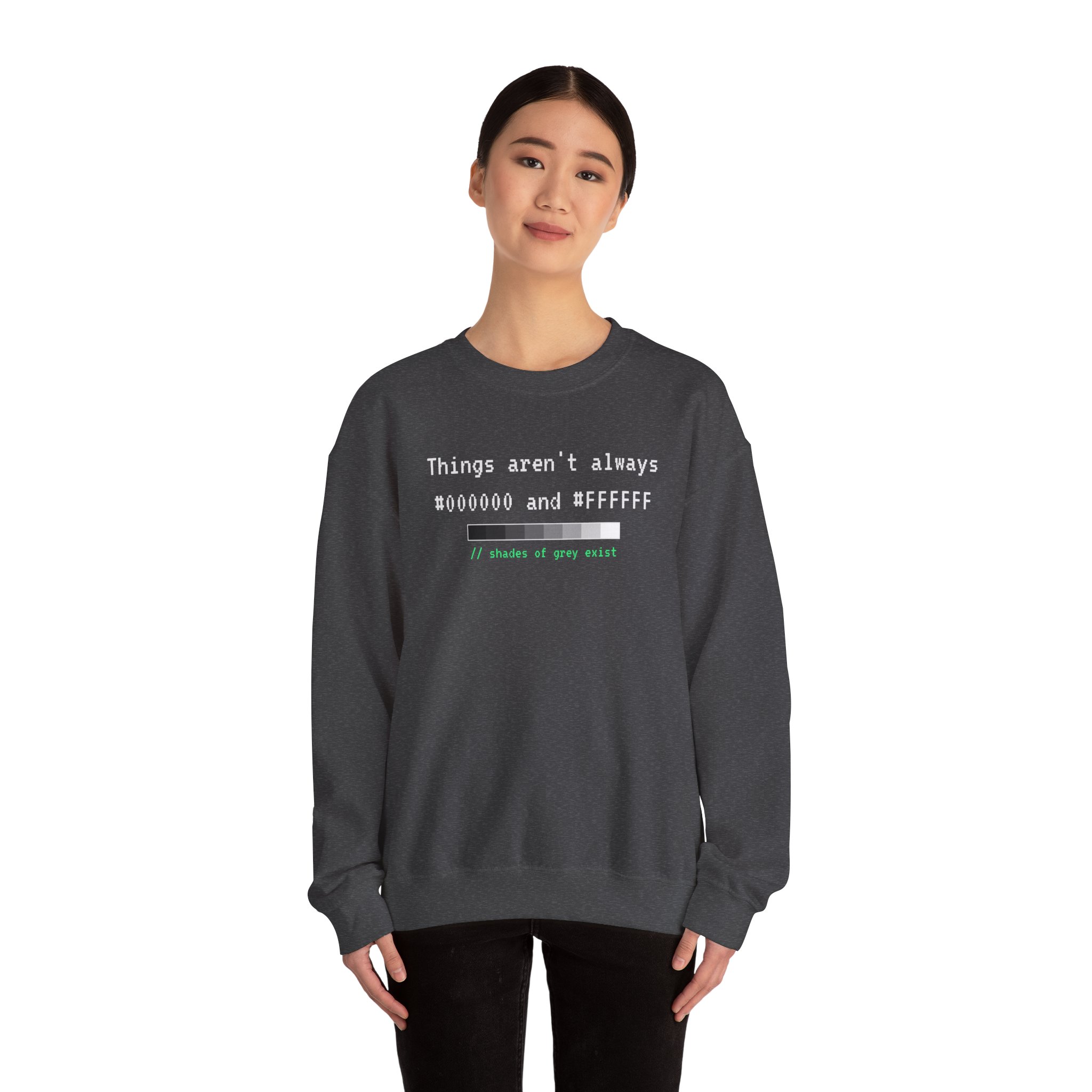 Shades of Grey Exist crewneck sweatshirt in Dark Heather, worn by a model