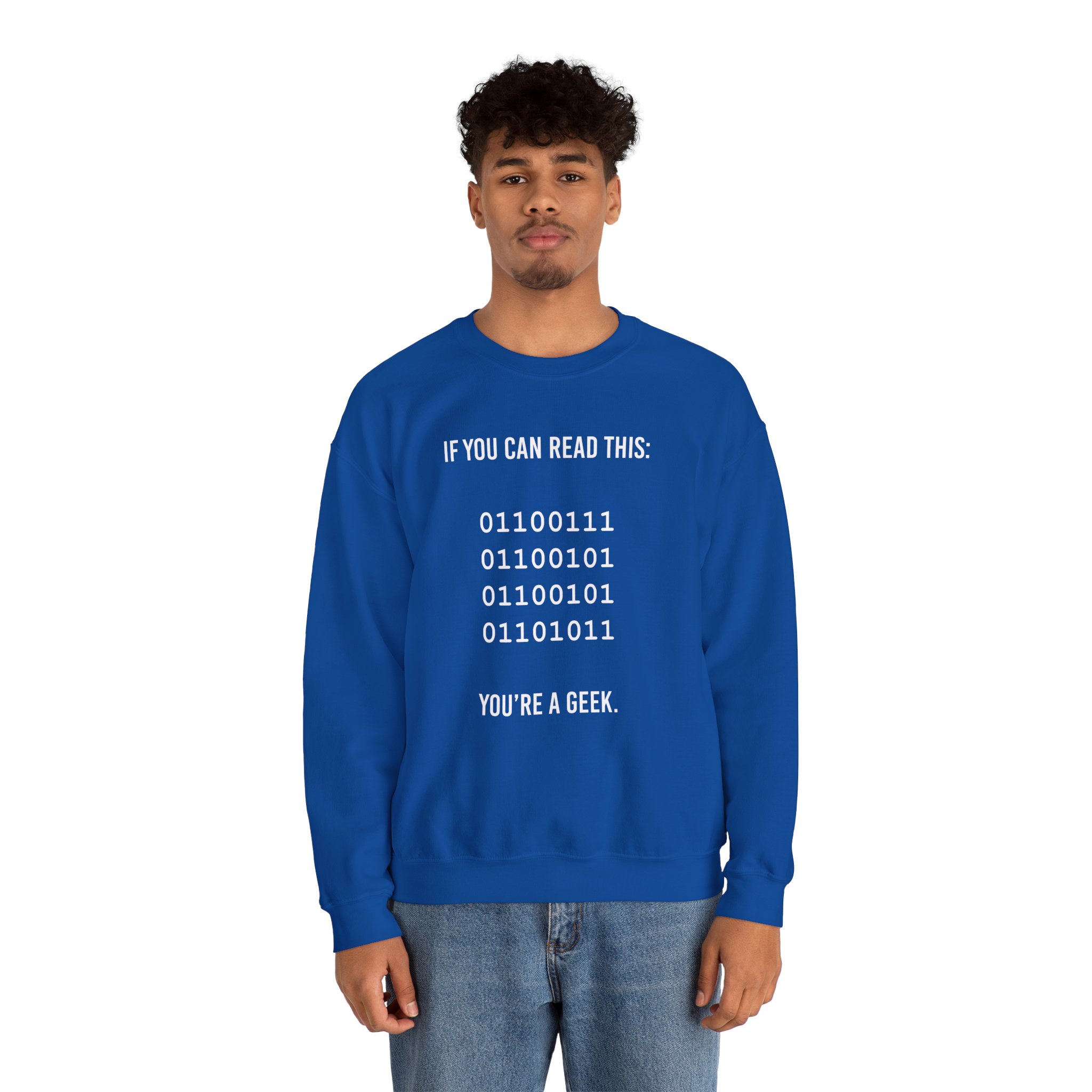 Geek Binary Code crewneck sweatshirt in Royal, worn by a model, second view