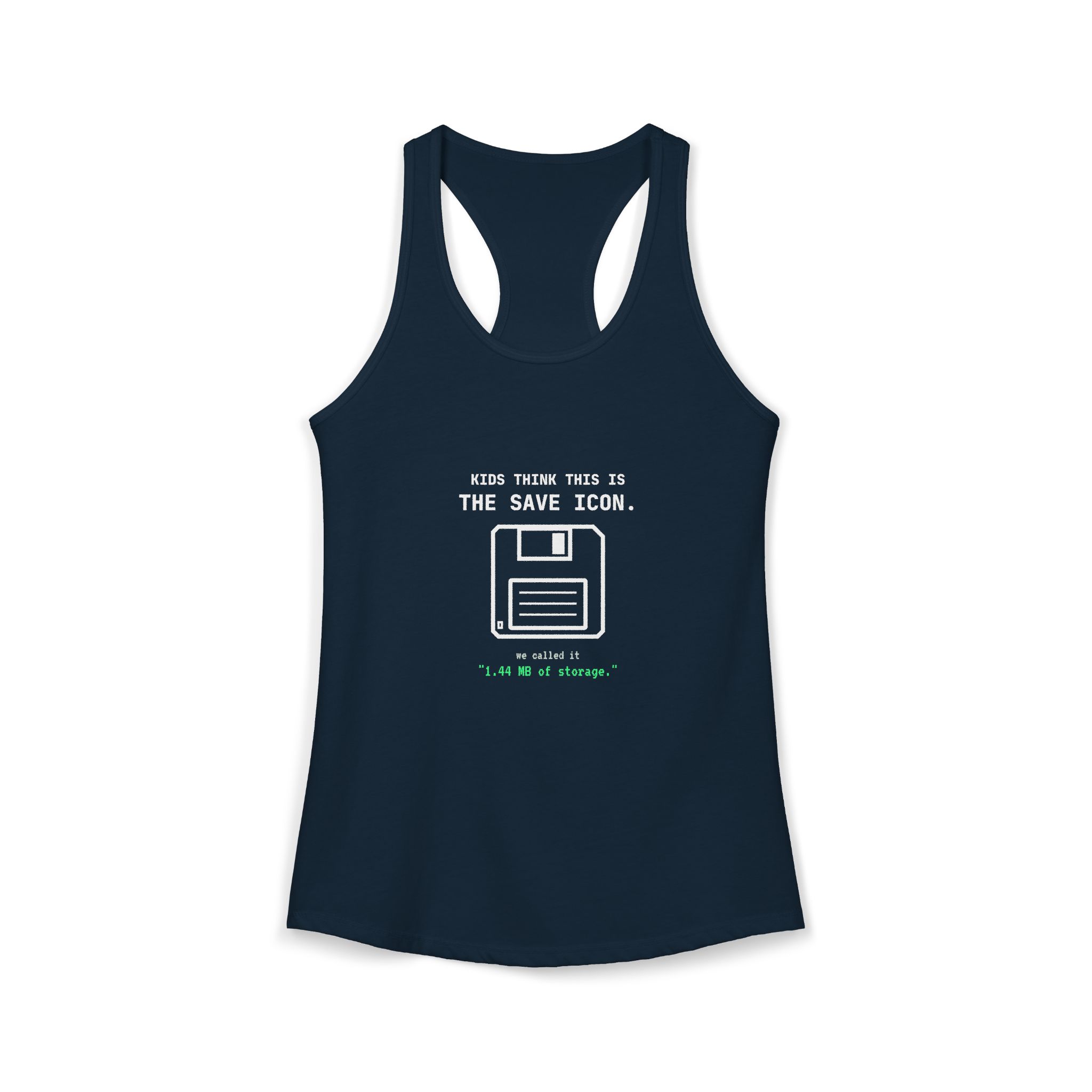 The Original Save Icon women's racerback tank in Solid Midnight Navy, front 2