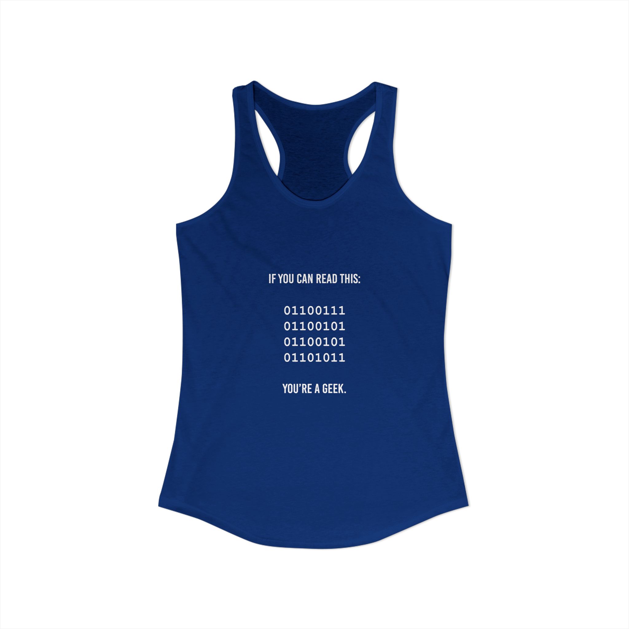 Geek Binary Code women's racerback tank in Solid Royal, front view