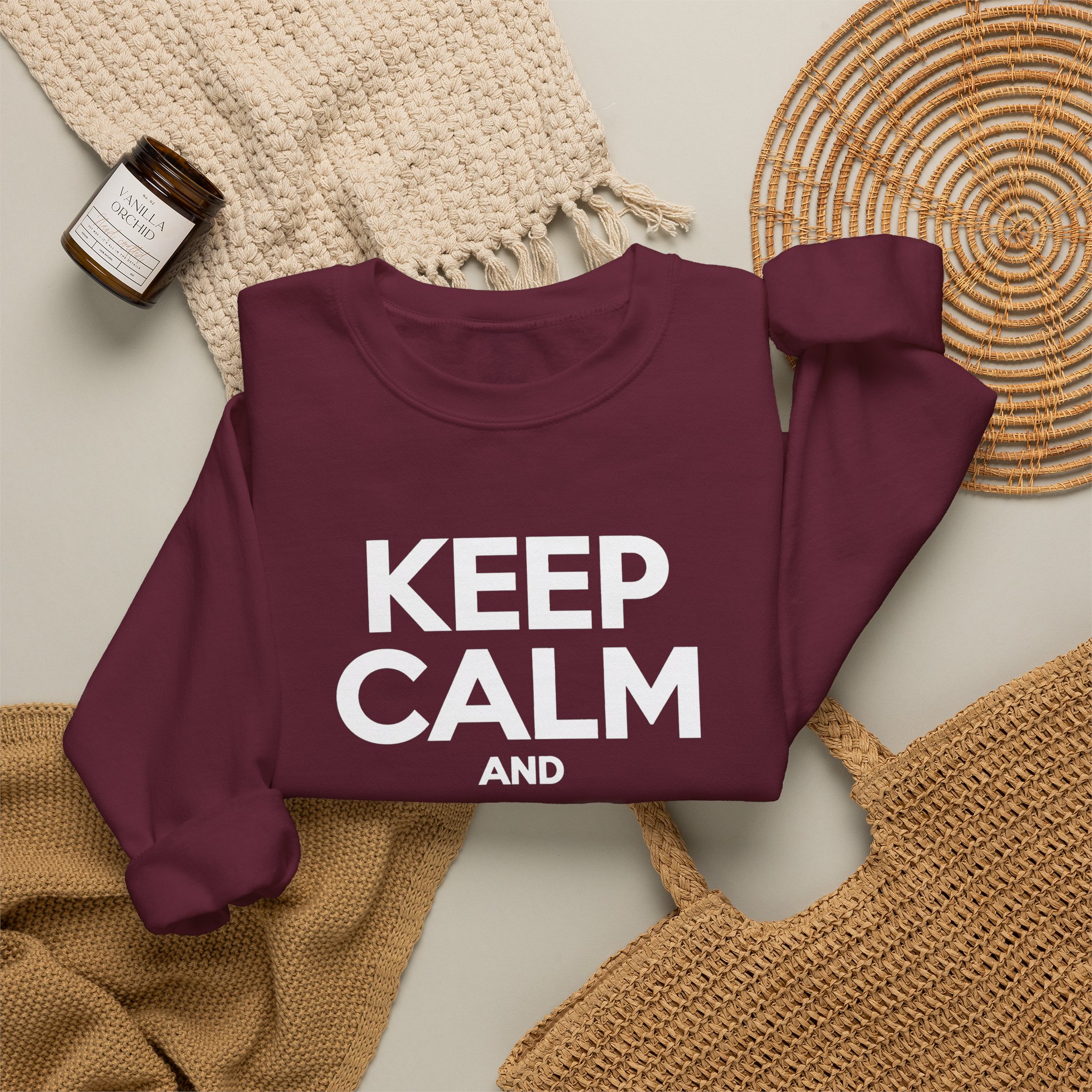Keep Calm and Take a Break crewneck sweatshirt in Maroon, folded 2