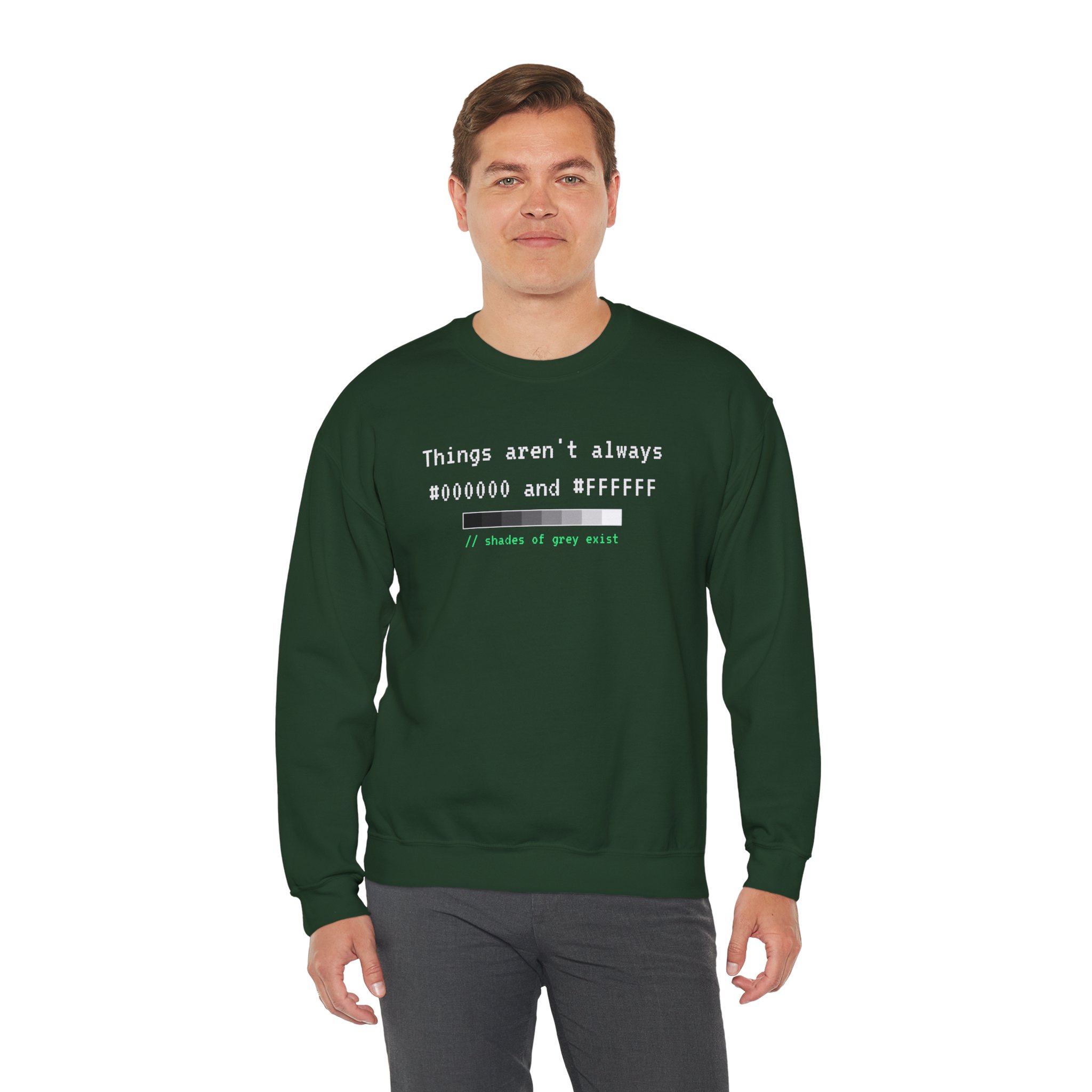 Shades of Grey Exist crewneck sweatshirt in Forest Green, worn by a model, third view