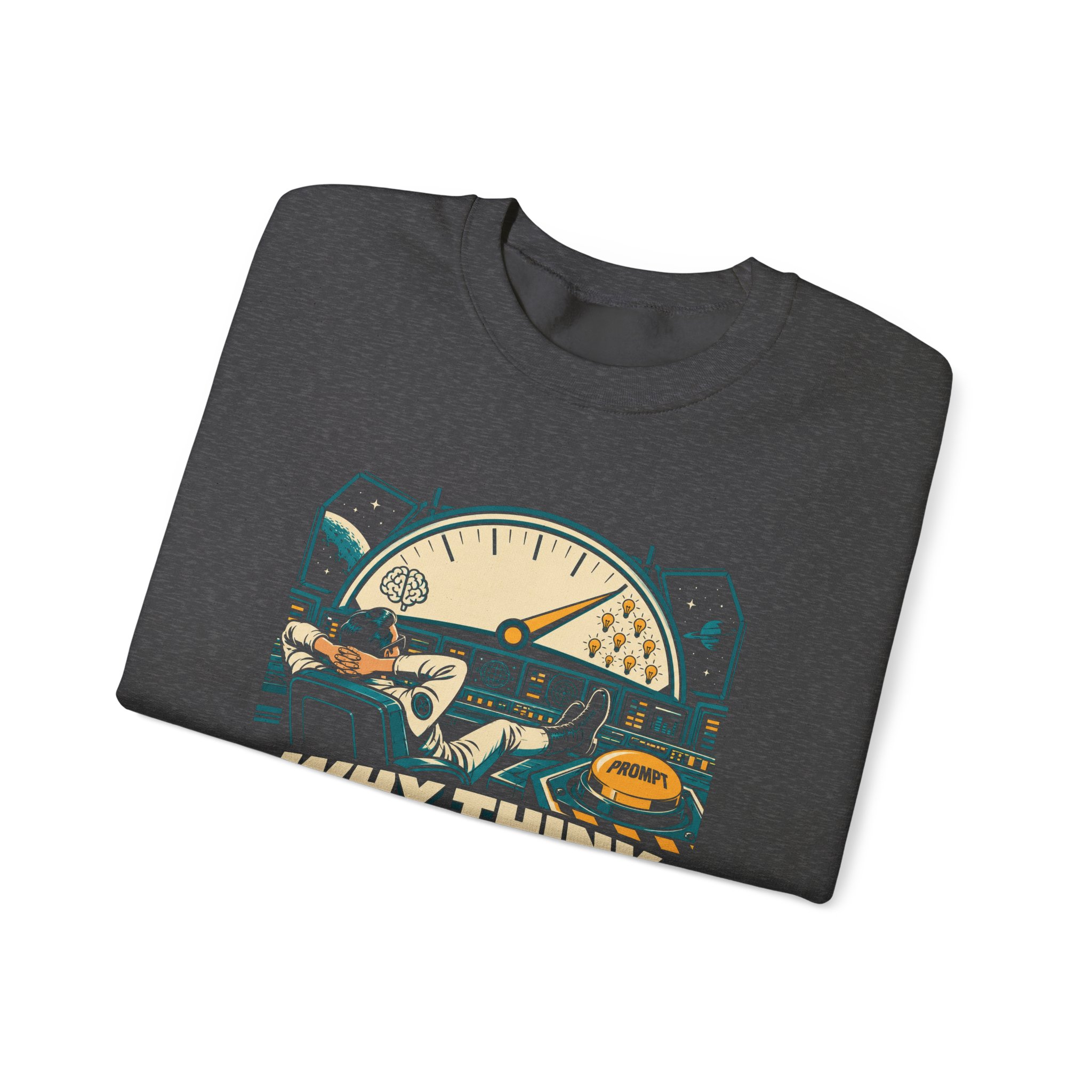 Prompt Mission Control crewneck sweatshirt in Dark Heather, folded