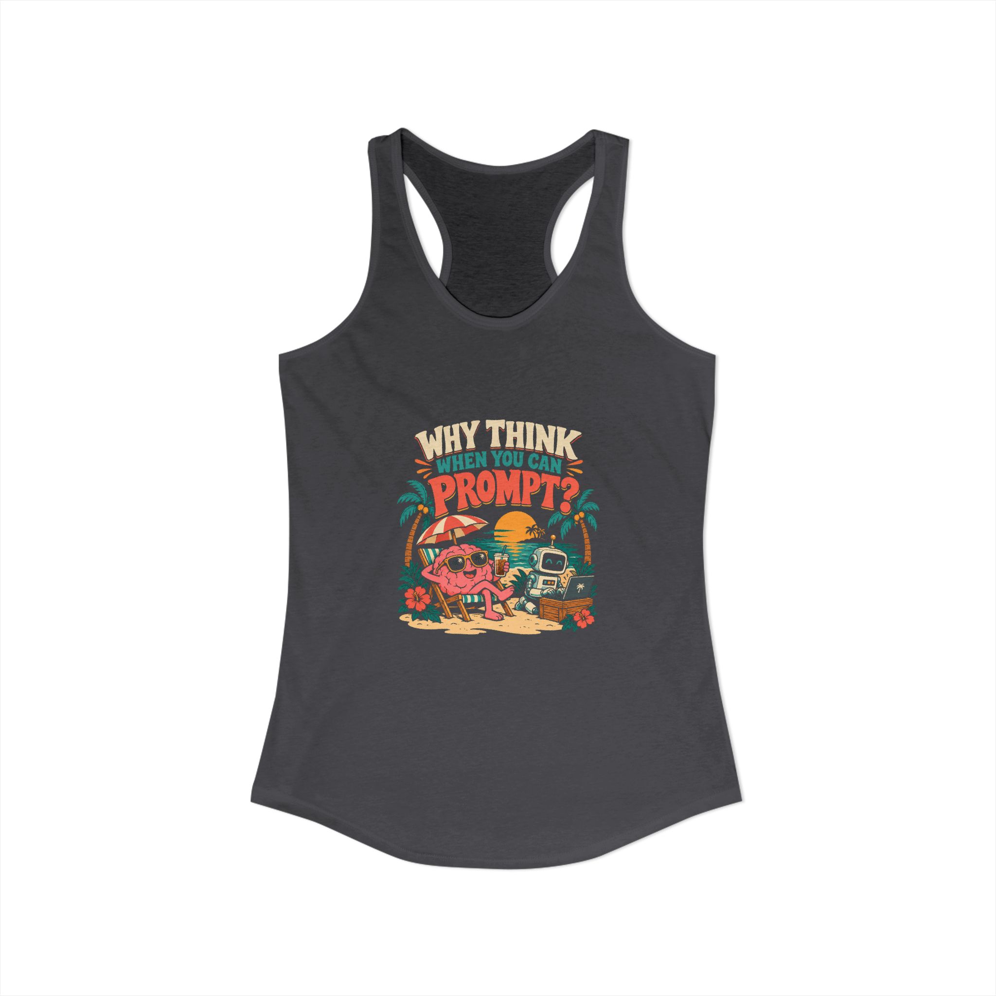 Prompt Beach Brain women's racerback tank in Solid Dark Gray, front view