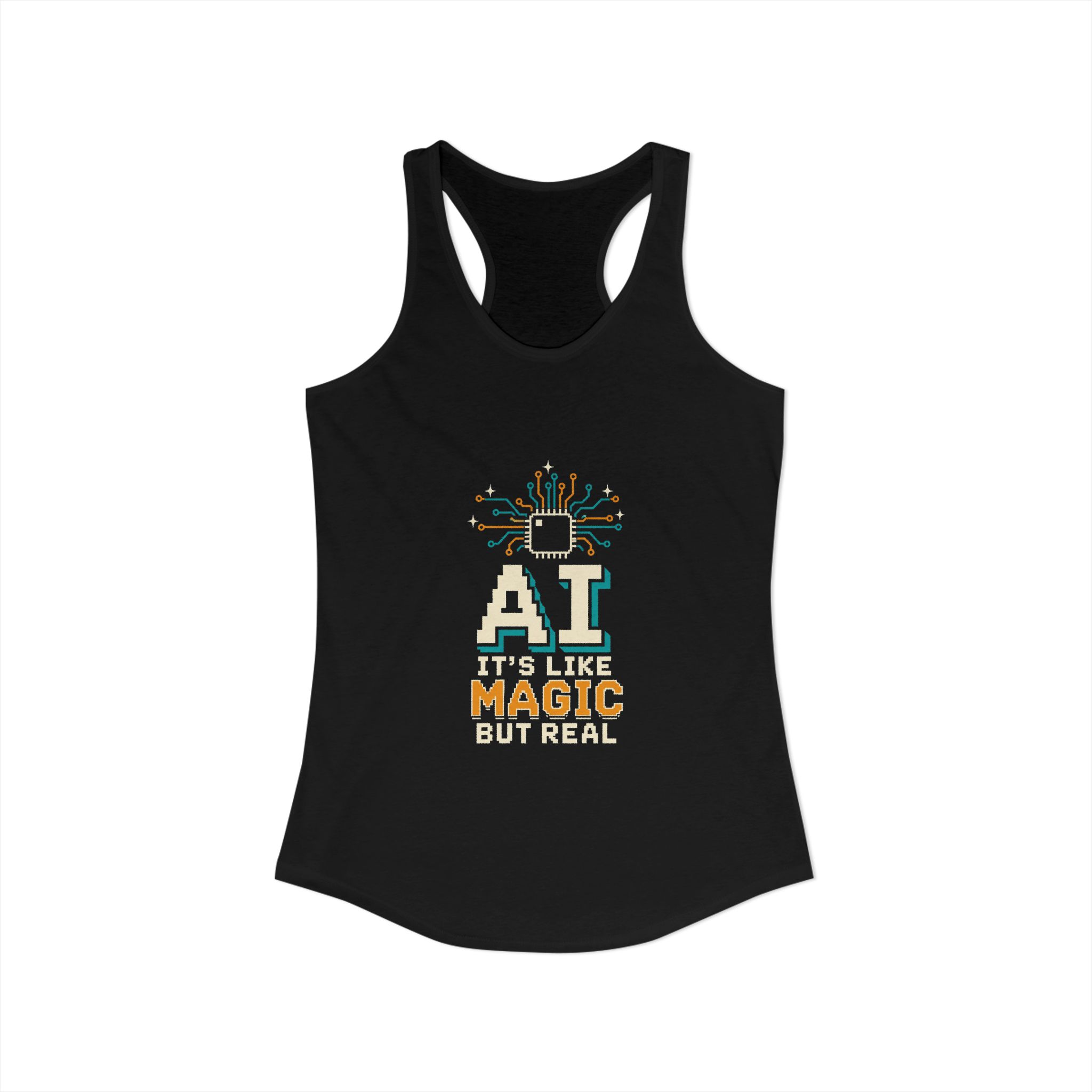 AI Magic Chip women's racerback tank in Solid Black, front view