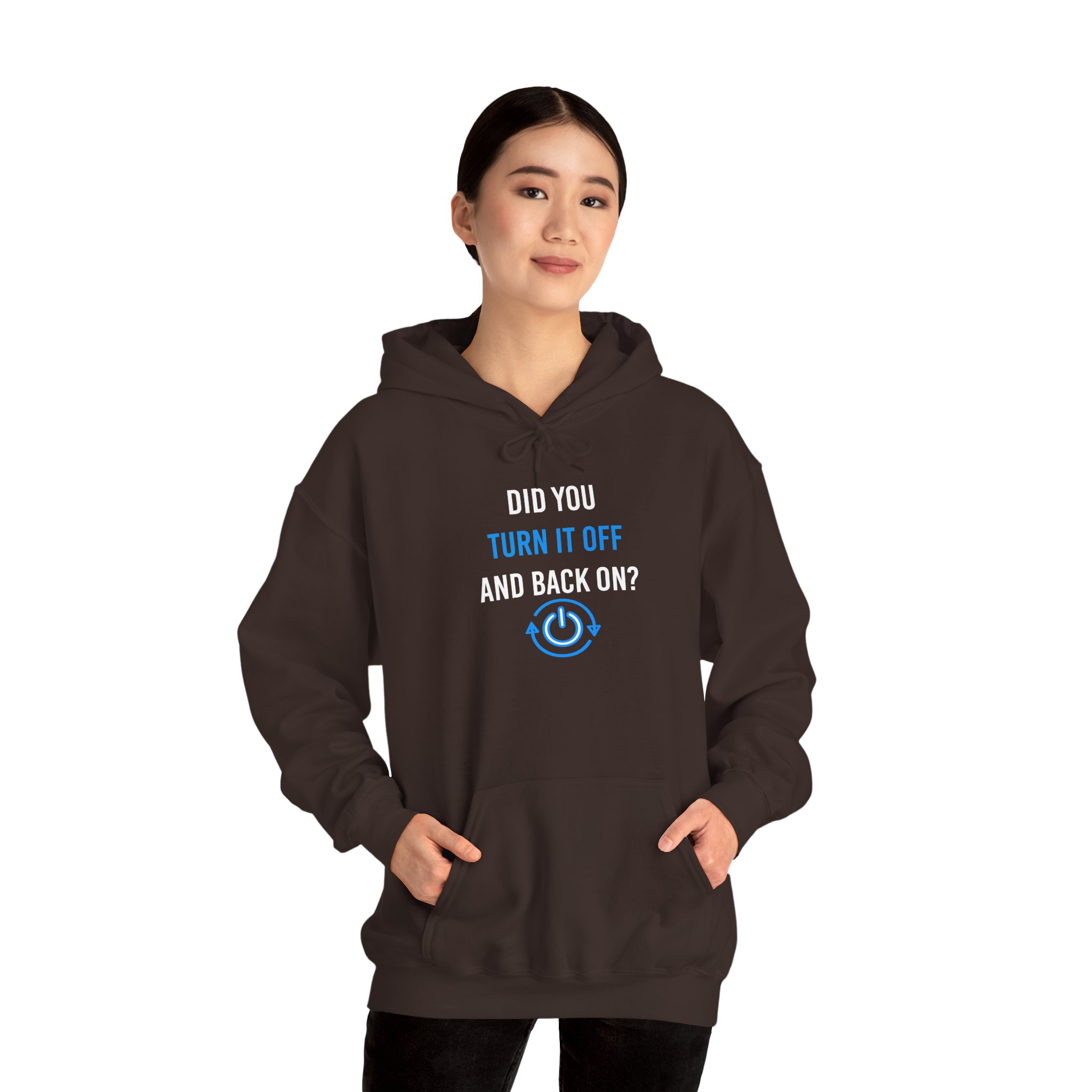 Did You Turn It Off and Back On? hoodie in Dark Chocolate, worn by a model