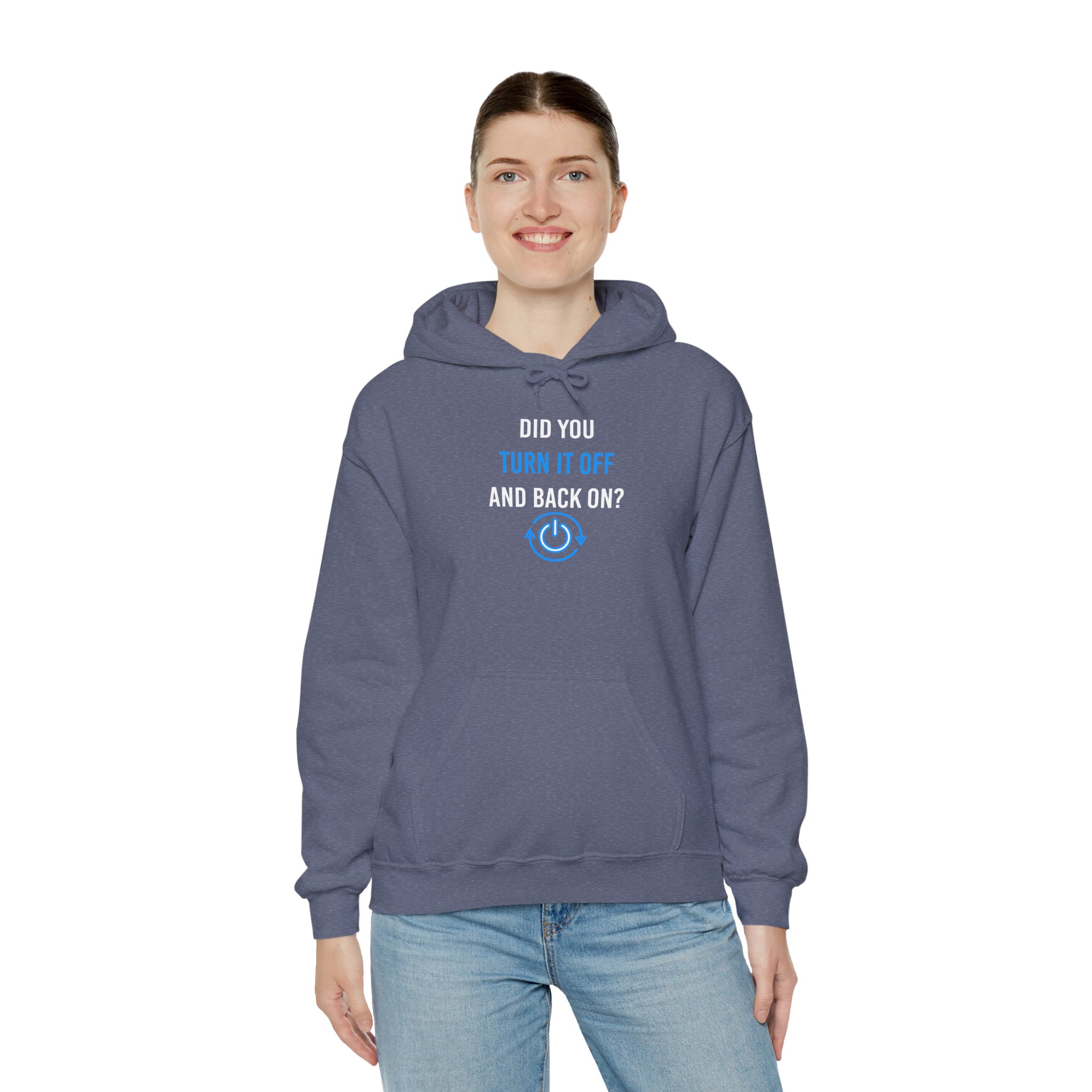 Did You Turn It Off and Back On? hoodie in Heather Navy, worn by a model, third view
