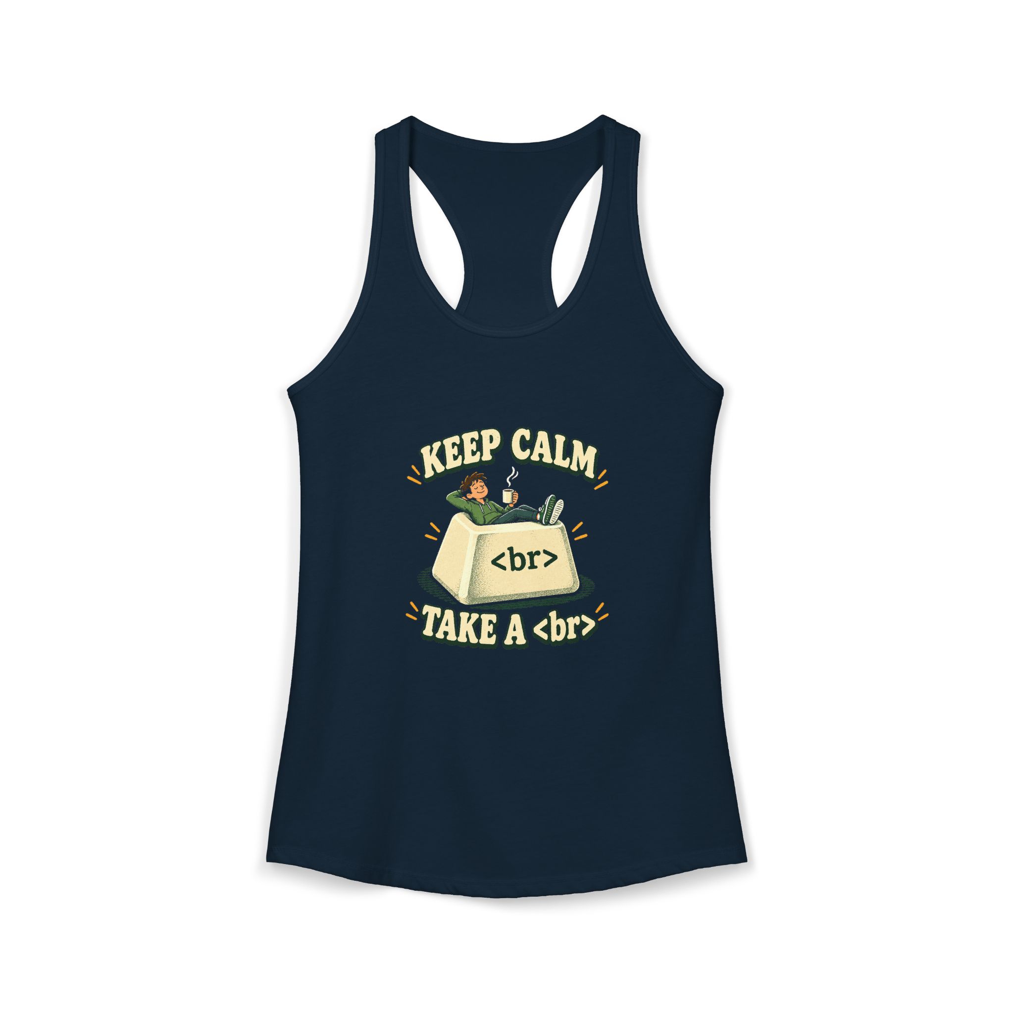 Keep Calm Keycap women's racerback tank in Solid Midnight Navy, front 2