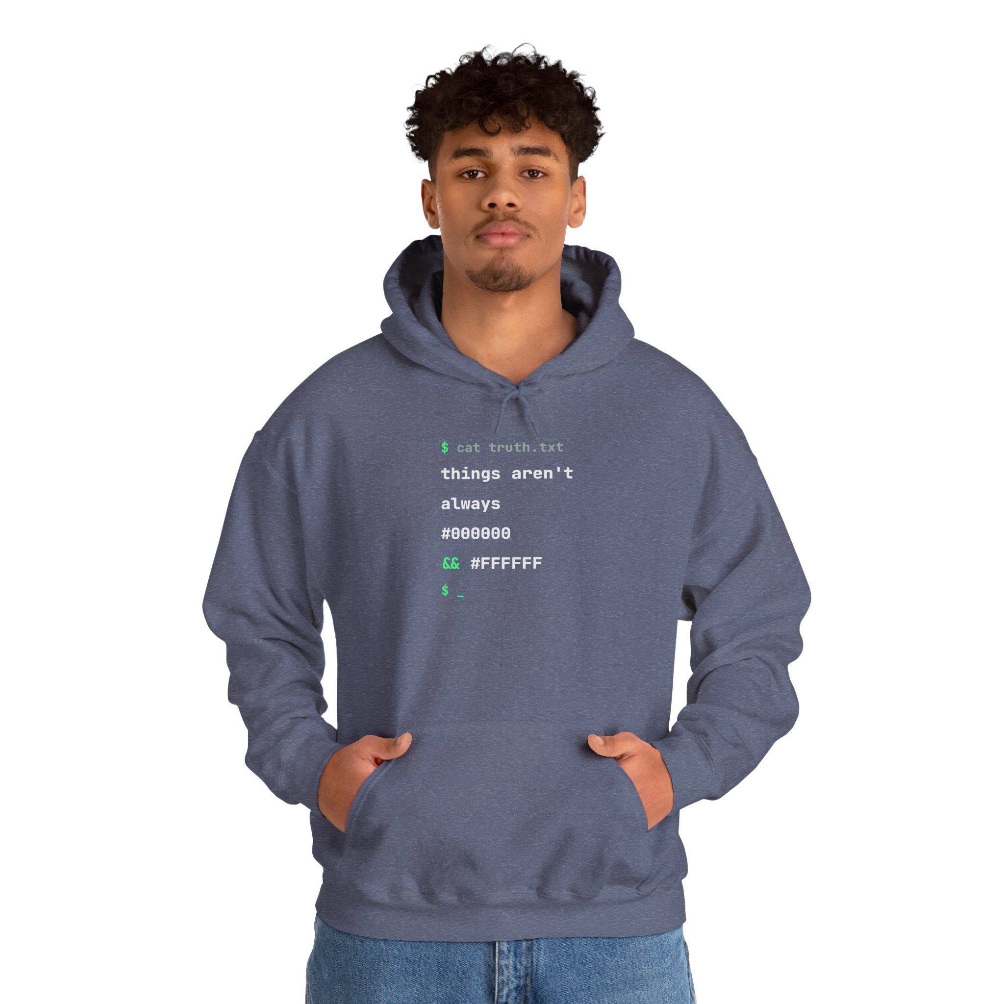 cat truth.txt hoodie in Heather Navy, worn by a model, second view