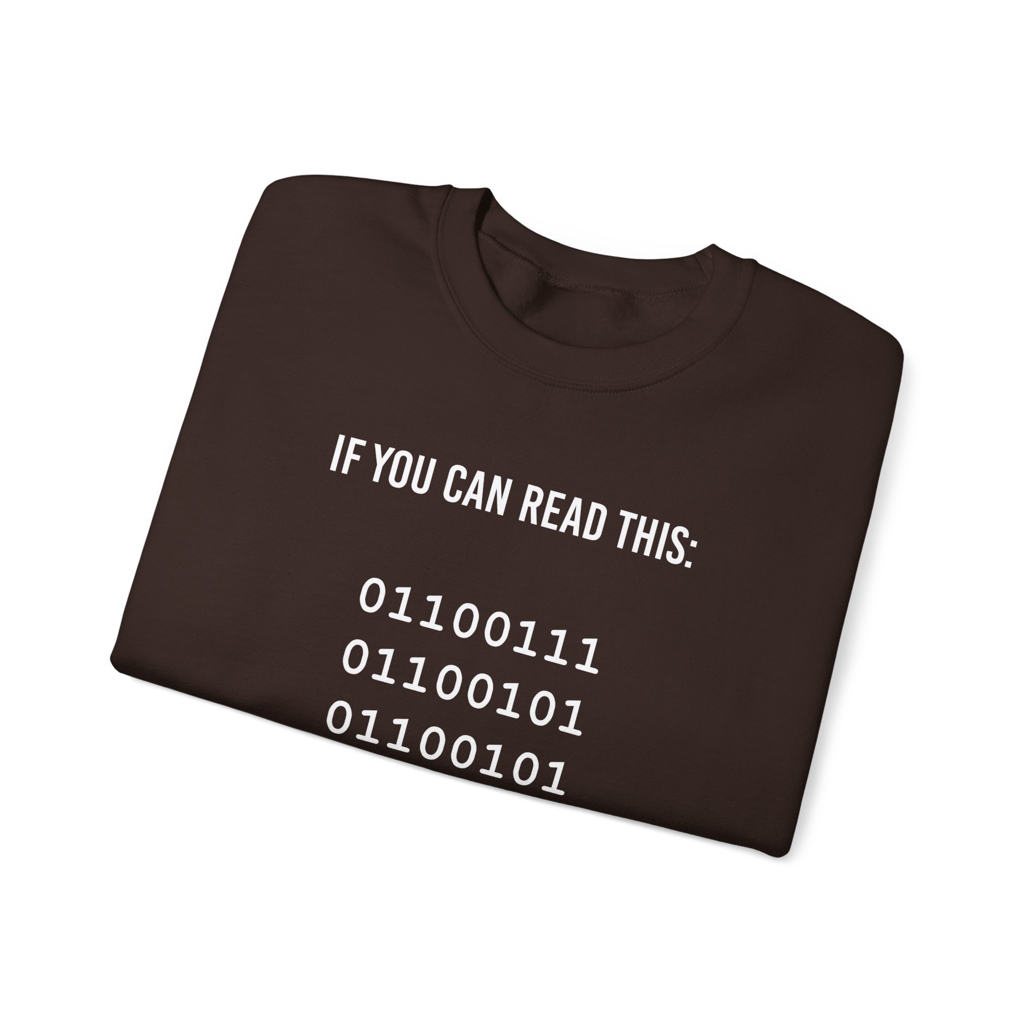 Geek Binary Code crewneck sweatshirt in Dark Chocolate, folded