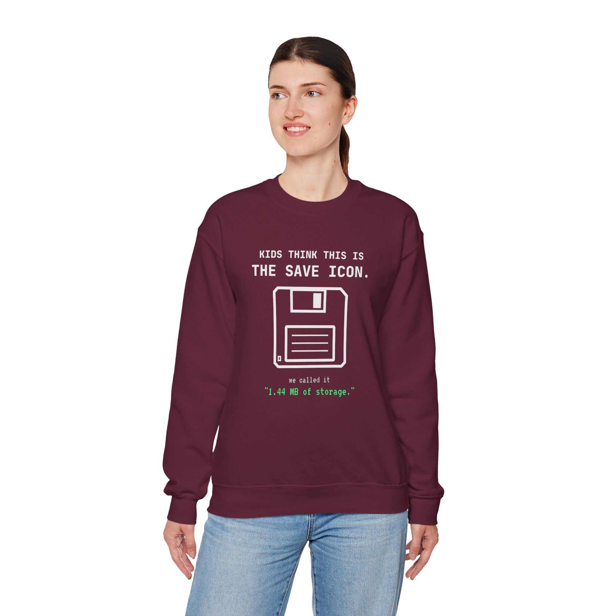 The Original Save Icon crewneck sweatshirt in Maroon, worn by a model, fourth view