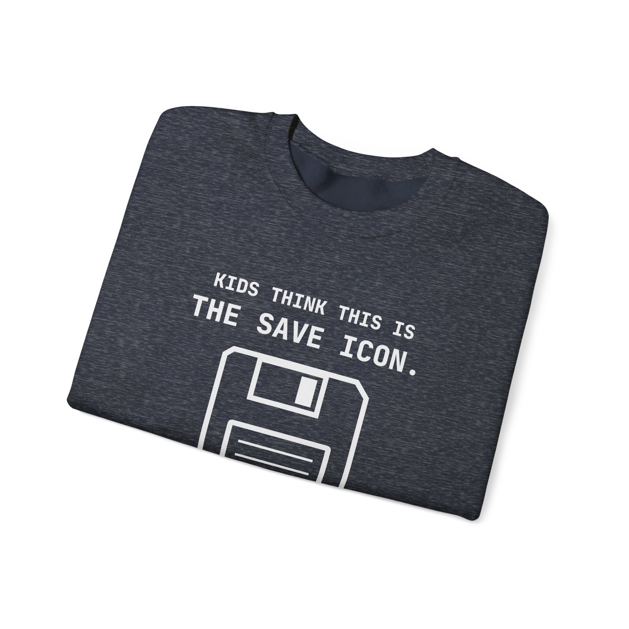 The Original Save Icon crewneck sweatshirt in Heather Sport Dark Navy, folded