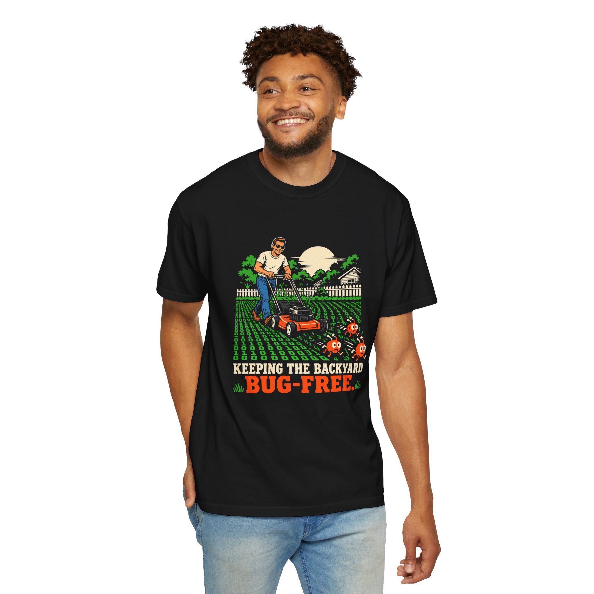 Bug-Free Backyard T-shirt in Black, worn by a man, second model