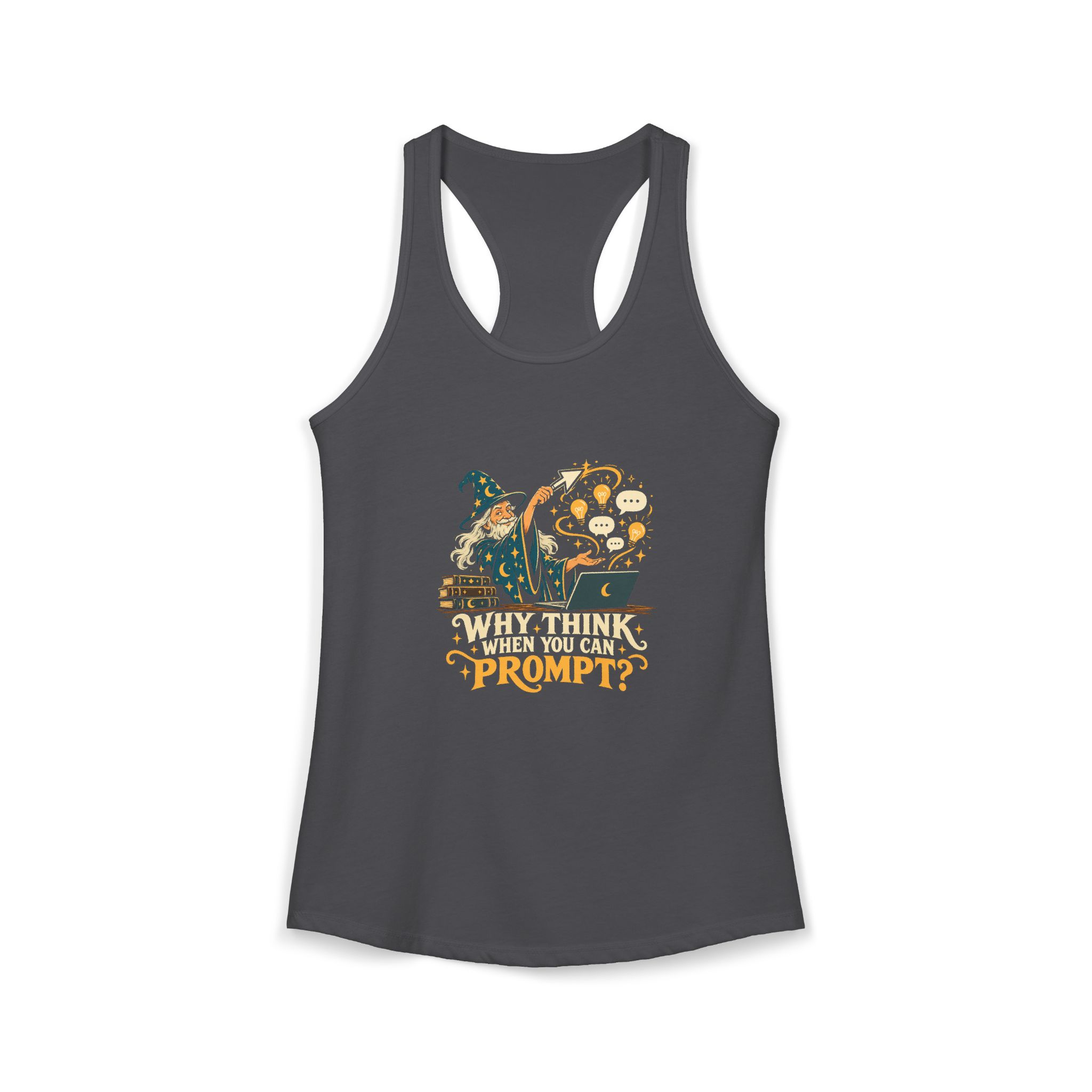 Prompt Wizard women's racerback tank in Solid Dark Gray, front 2