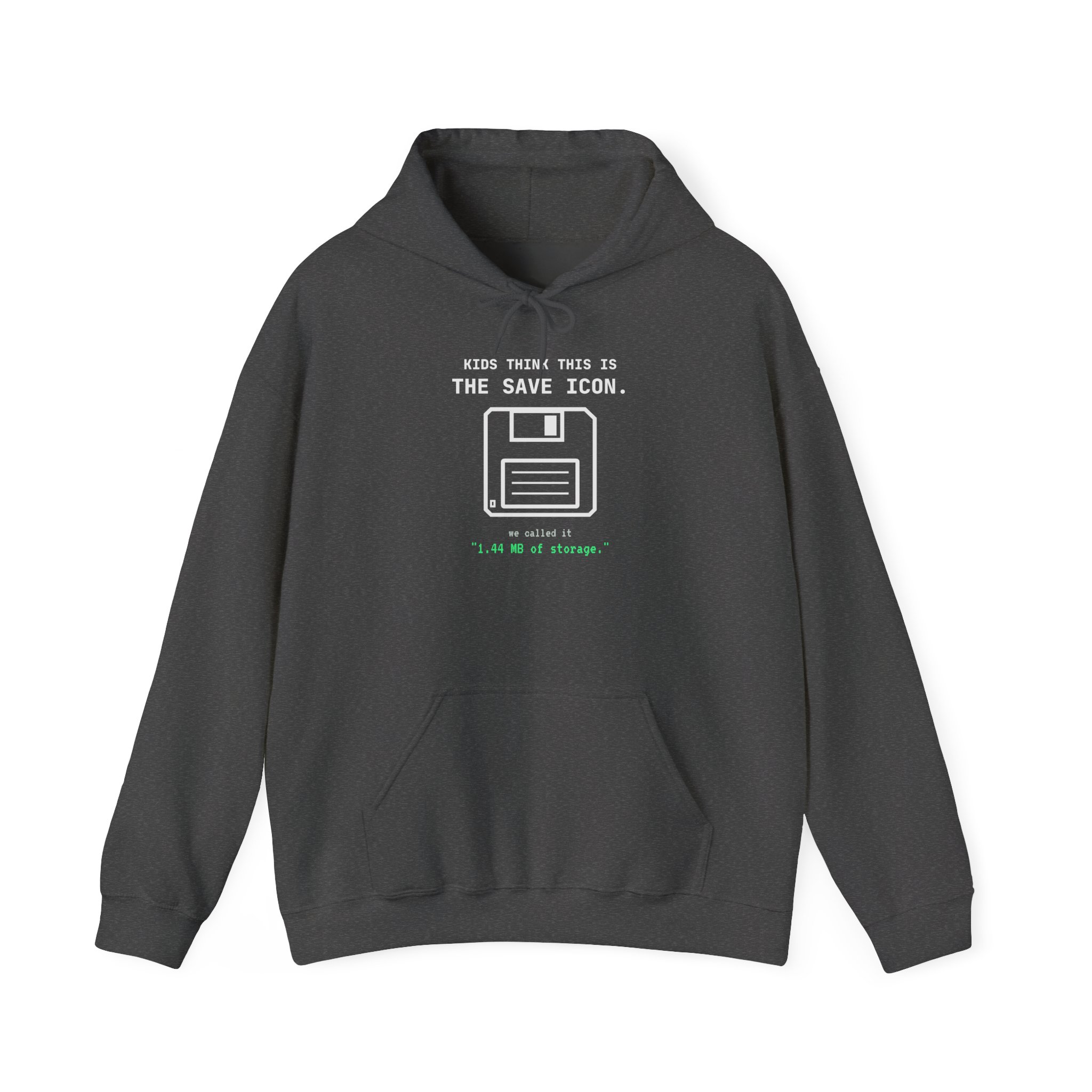 The Original Save Icon hoodie in Dark Heather, front view