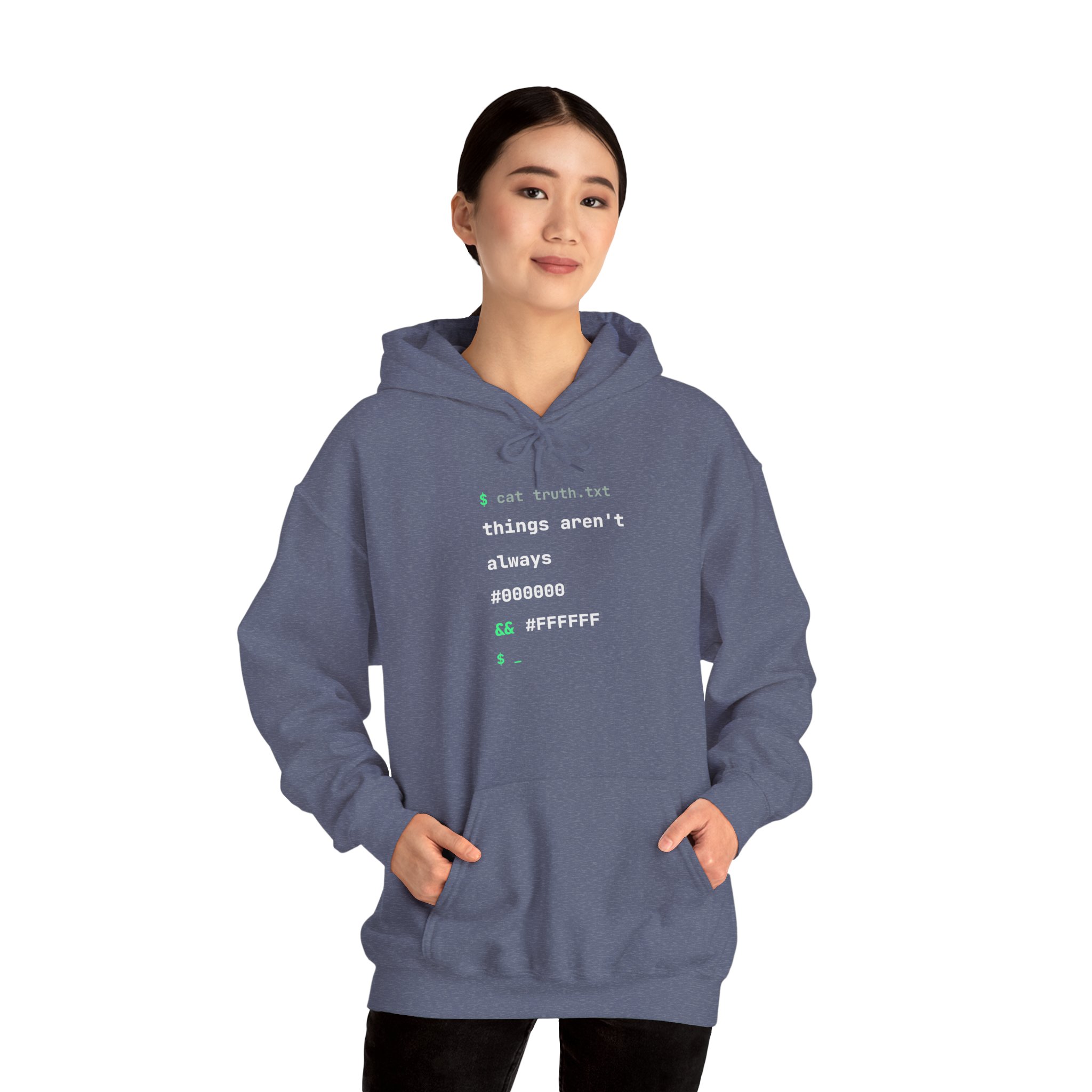 cat truth.txt hoodie in Heather Navy, worn by a model