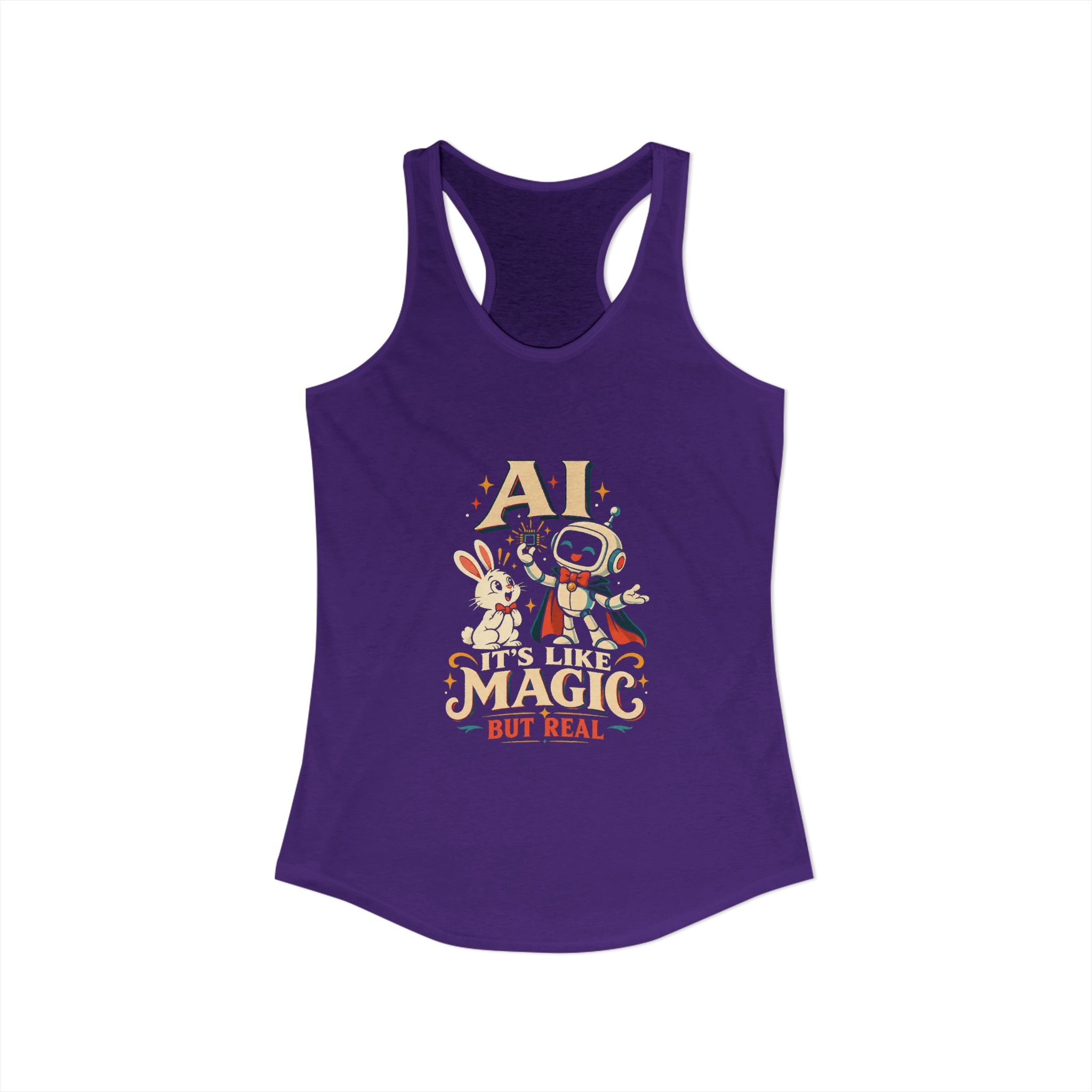 AI Magic Bunny women's racerback tank in Solid Purple Rush, front view
