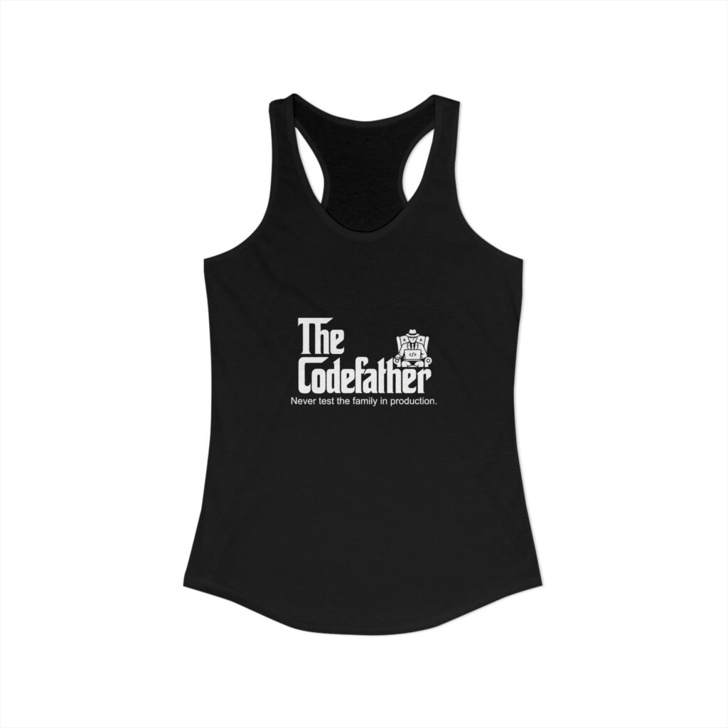 The Codefather women's racerback tank in Solid Black, front view