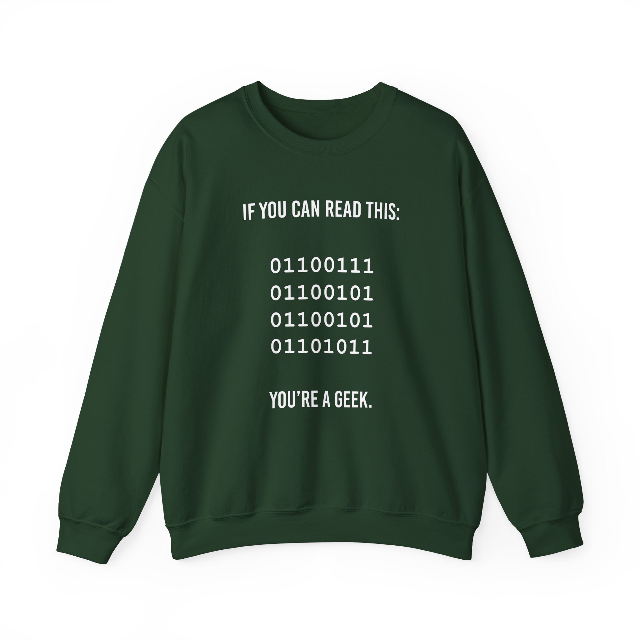Geek Binary Code crewneck sweatshirt in Forest Green, front view