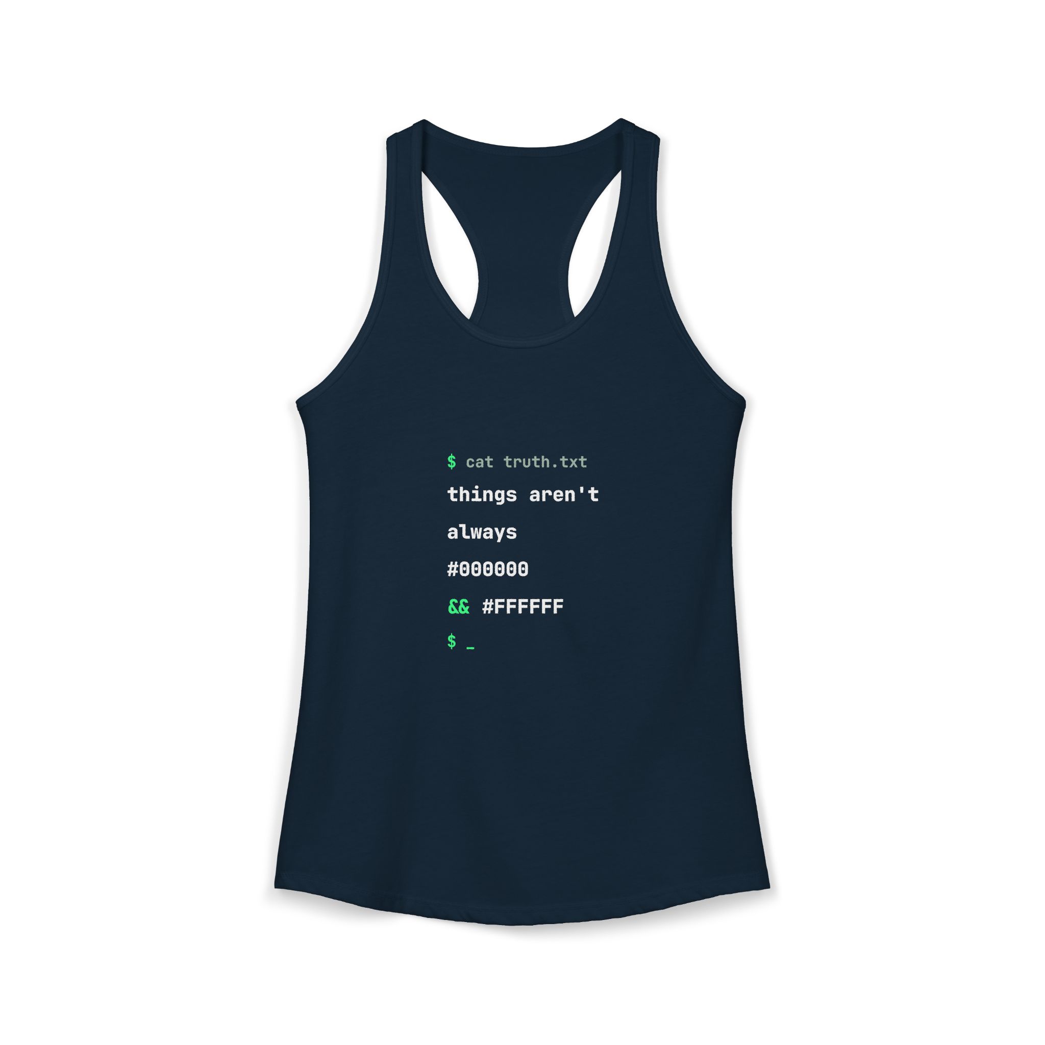 cat truth.txt women's racerback tank in Solid Midnight Navy, front 2
