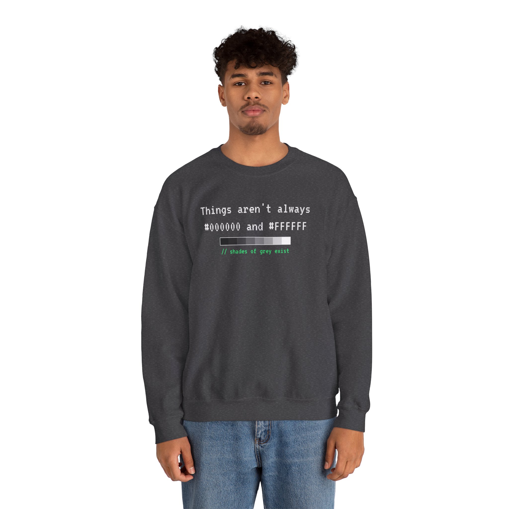 Shades of Grey Exist crewneck sweatshirt in Dark Heather, worn by a model, second view