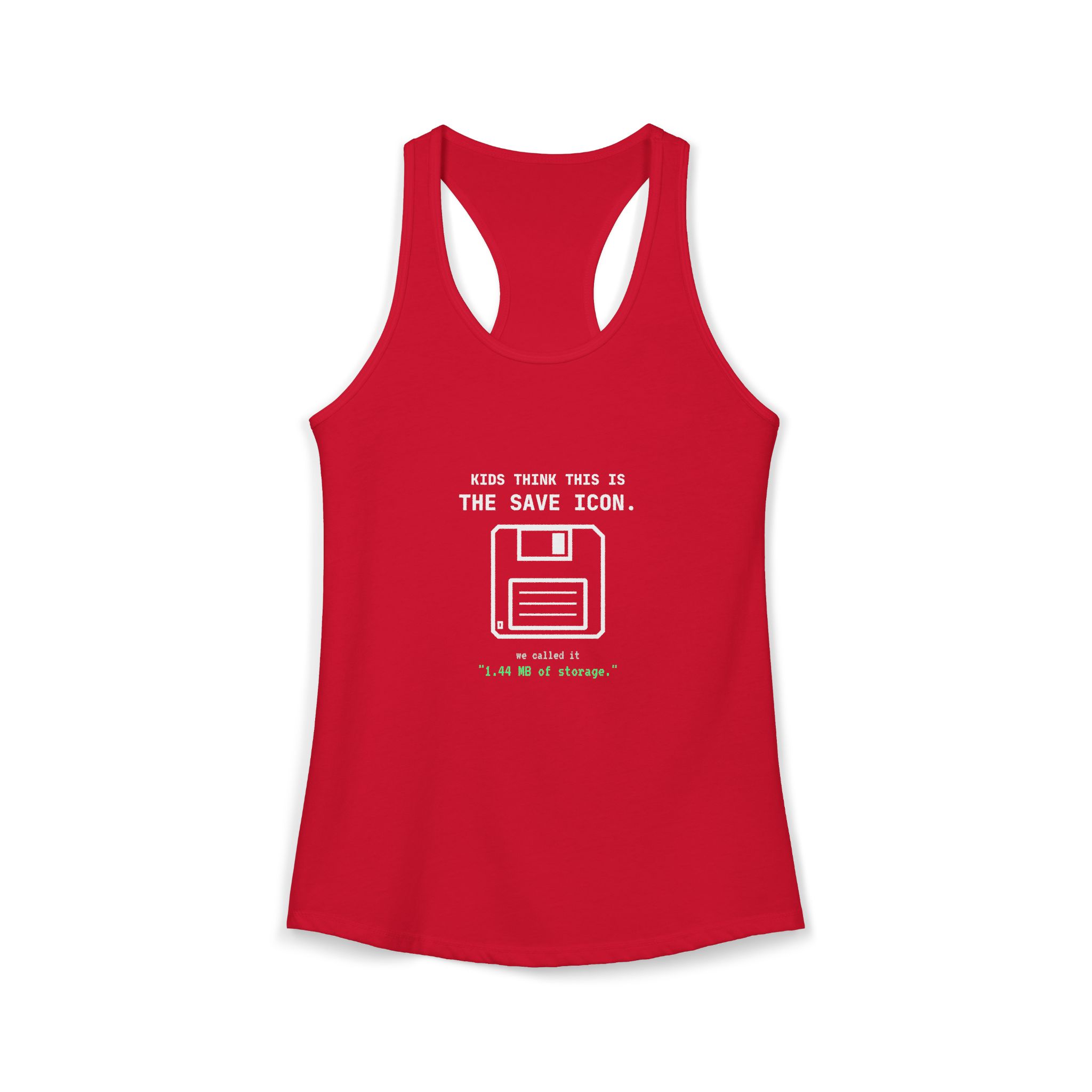 The Original Save Icon women's racerback tank in Solid Red, front 2