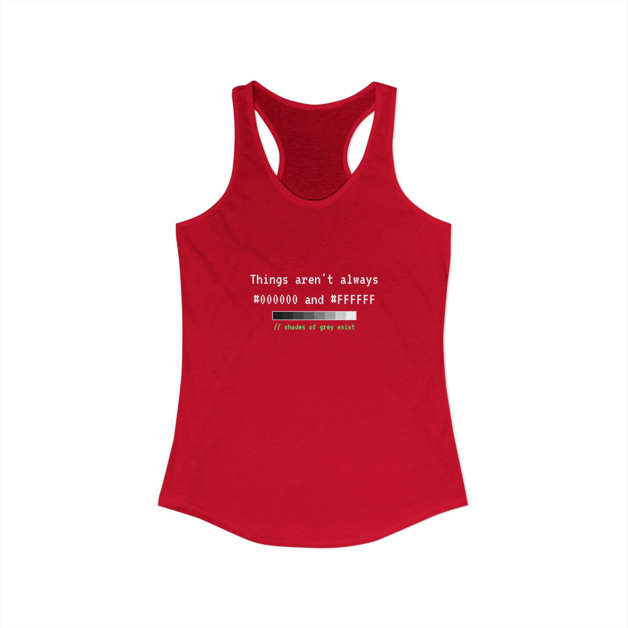 Shades of Grey Exist women's racerback tank in Solid Red, front view