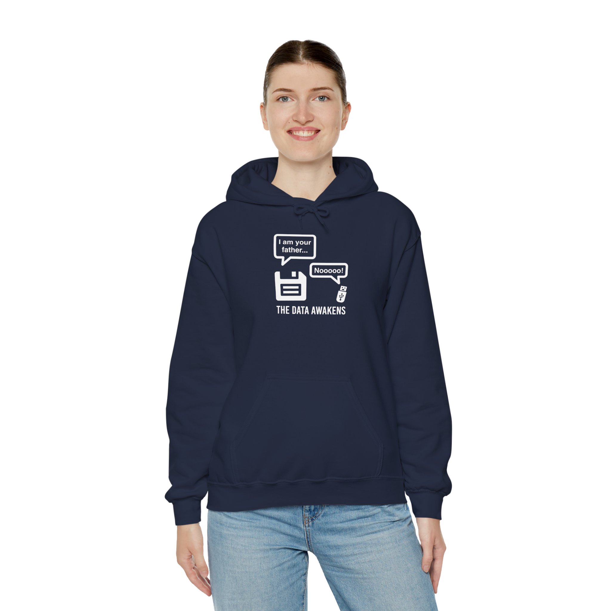 The Data Awakens hoodie in Navy, worn by a model, third view