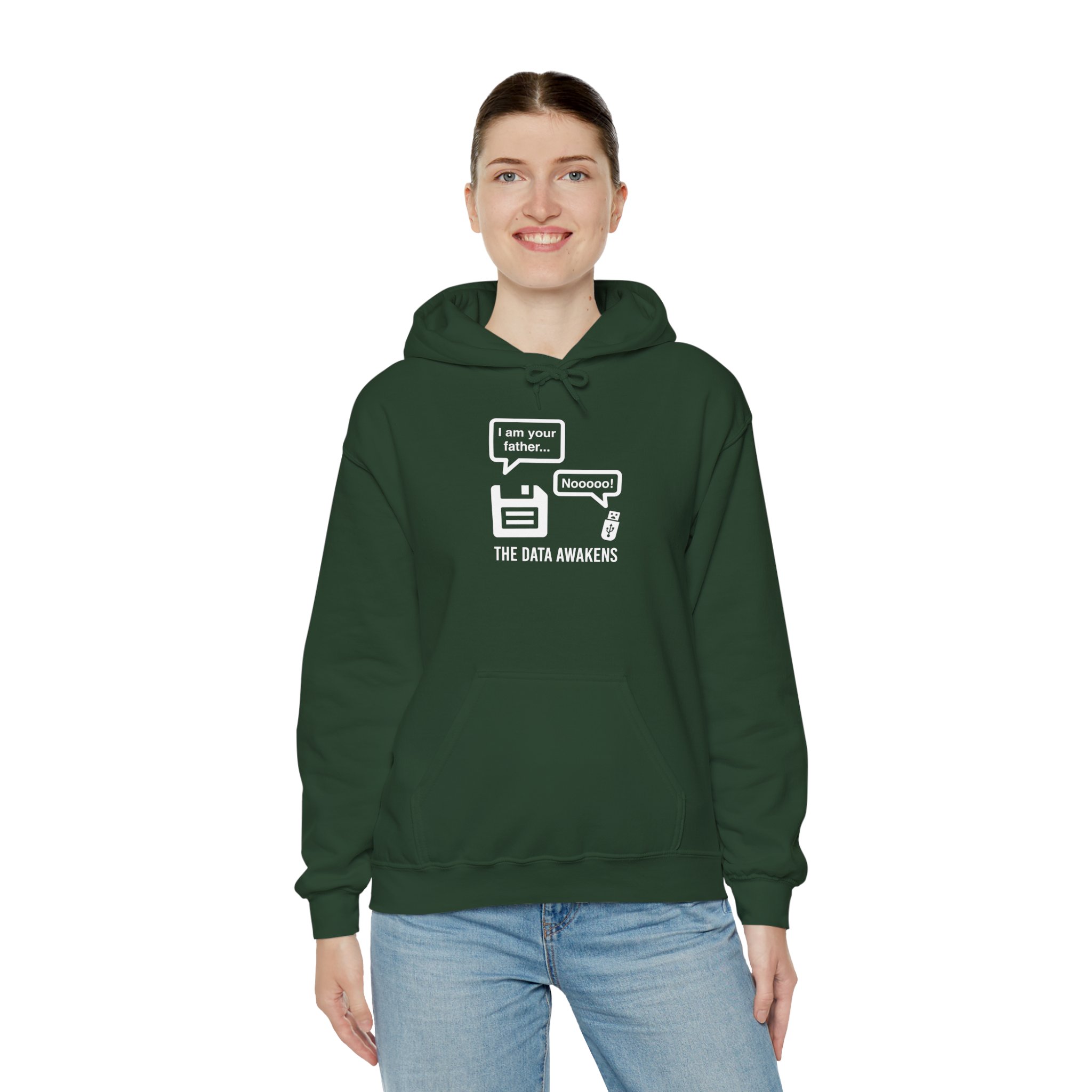 The Data Awakens hoodie in Forest Green, worn by a model, third view