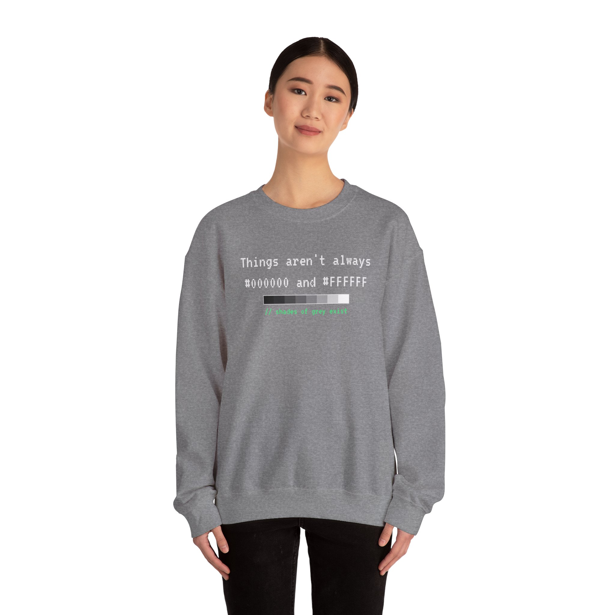 Shades of Grey Exist crewneck sweatshirt in Graphite Heather, worn by a model