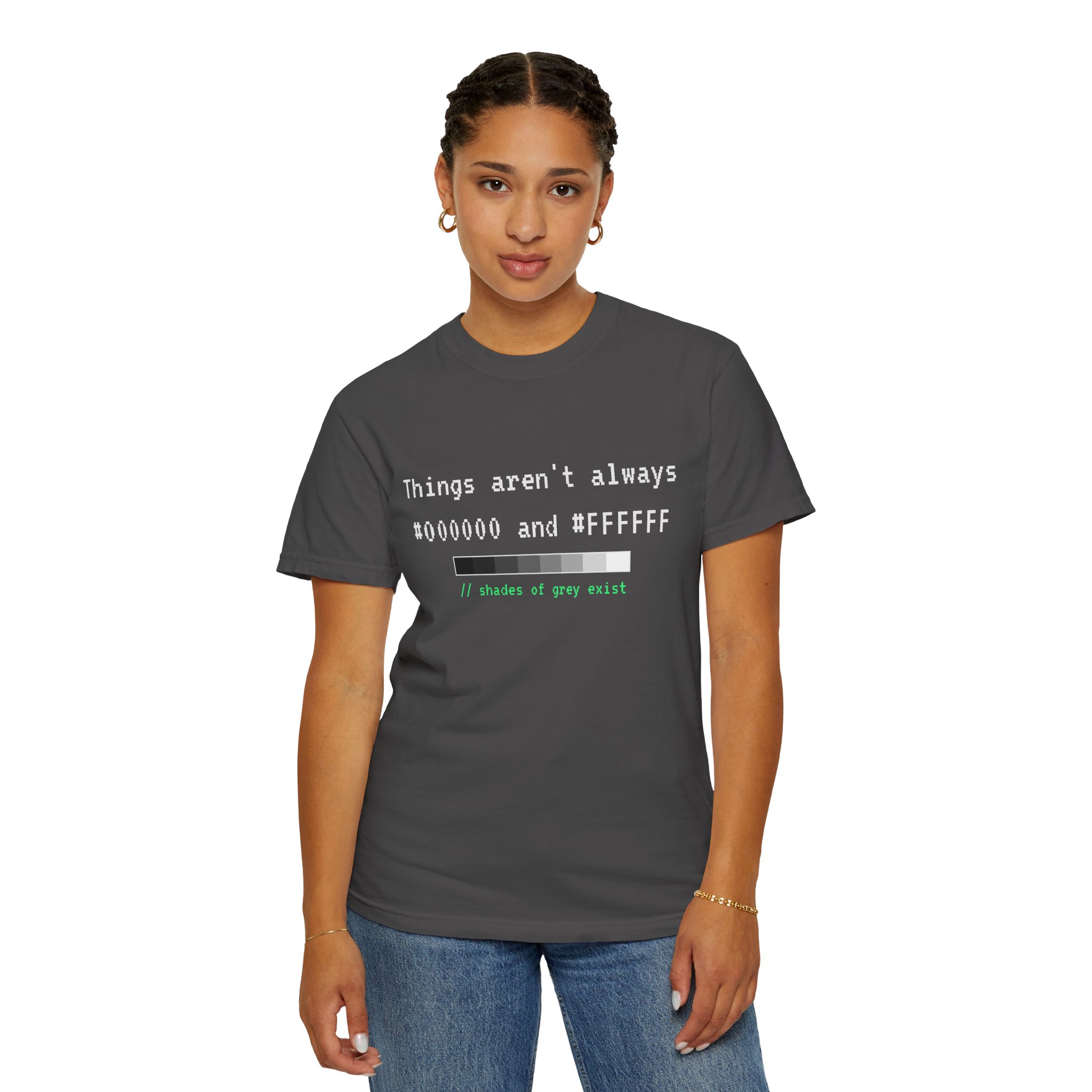 Shades of Grey Exist T-shirt in Graphite, worn by a woman, second model