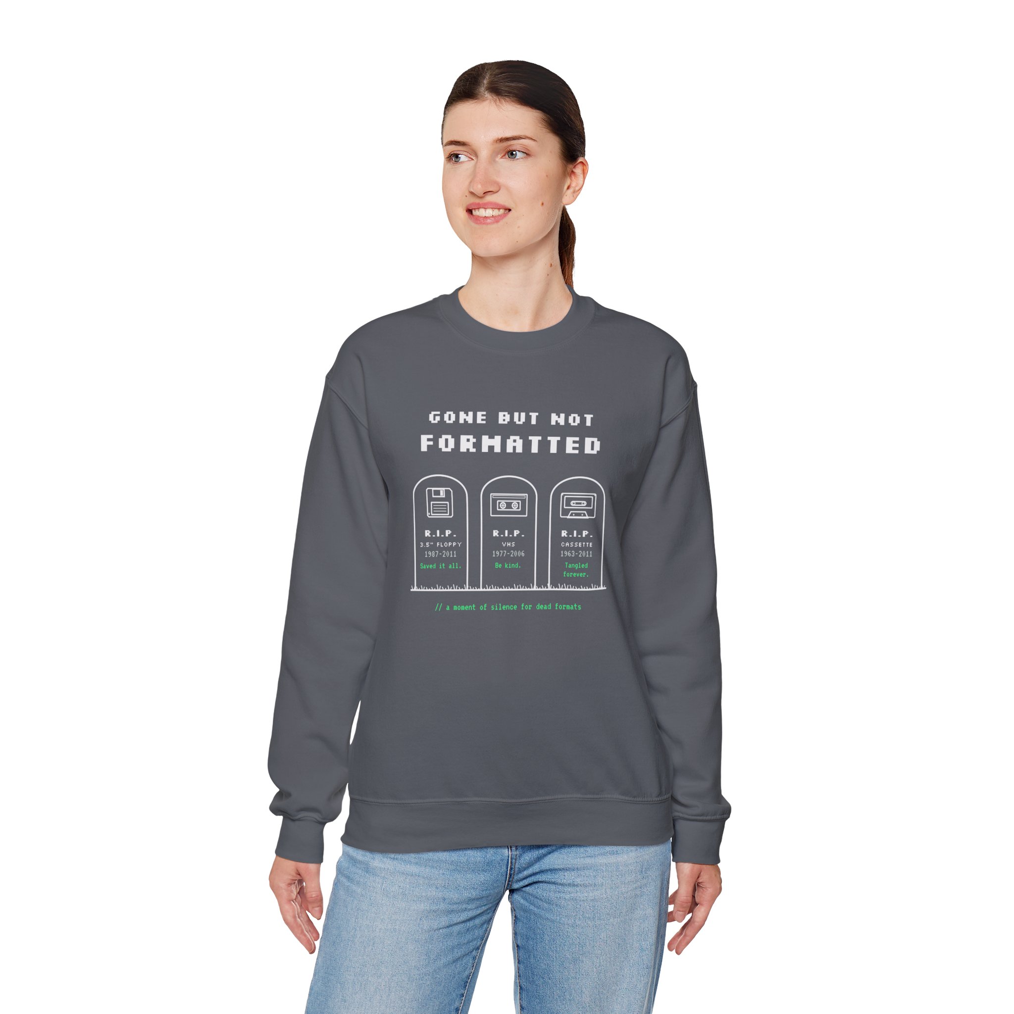 Gone But Not Formatted crewneck sweatshirt in Charcoal, worn by a model, fourth view